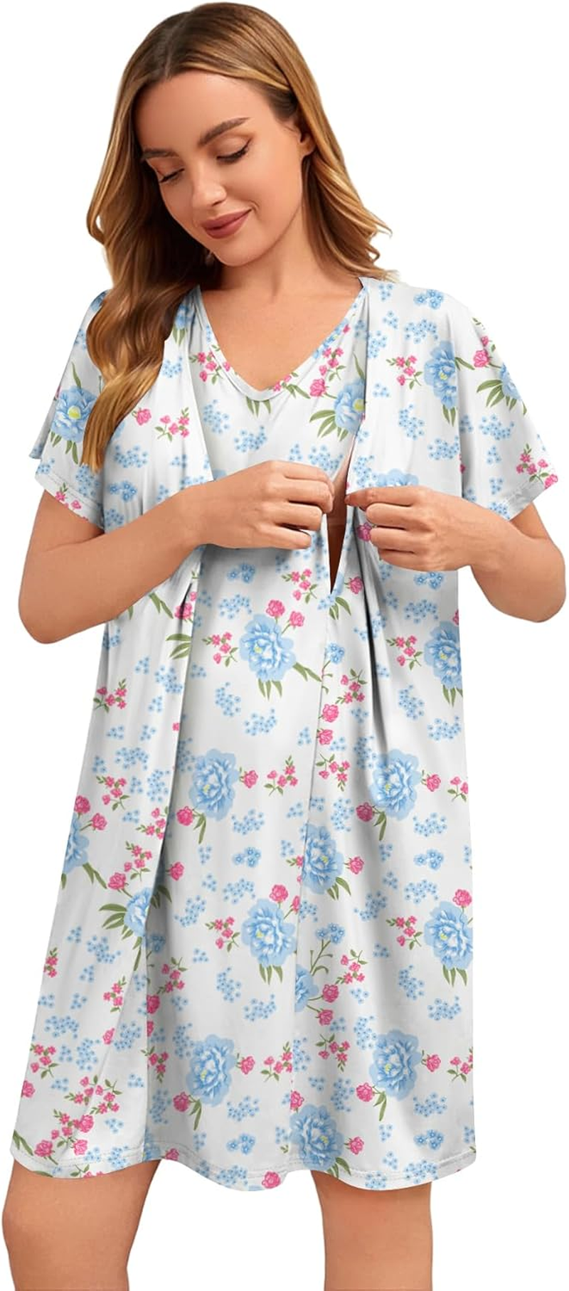 SWOMOG Nursing Nightgown 3 in 1 Labor and Delivery Hospital Gown Maternity Dress Short Sleeve Birthing Robe for Breastfeeding