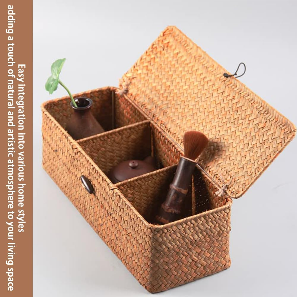 Seagrass Tank Basket with Lid Woven Toilet Roll Storage Basket with Sections Rectangular for Organize Snack Toys, Large Compartment, 16.5X4.7X4.3Inch image number 2