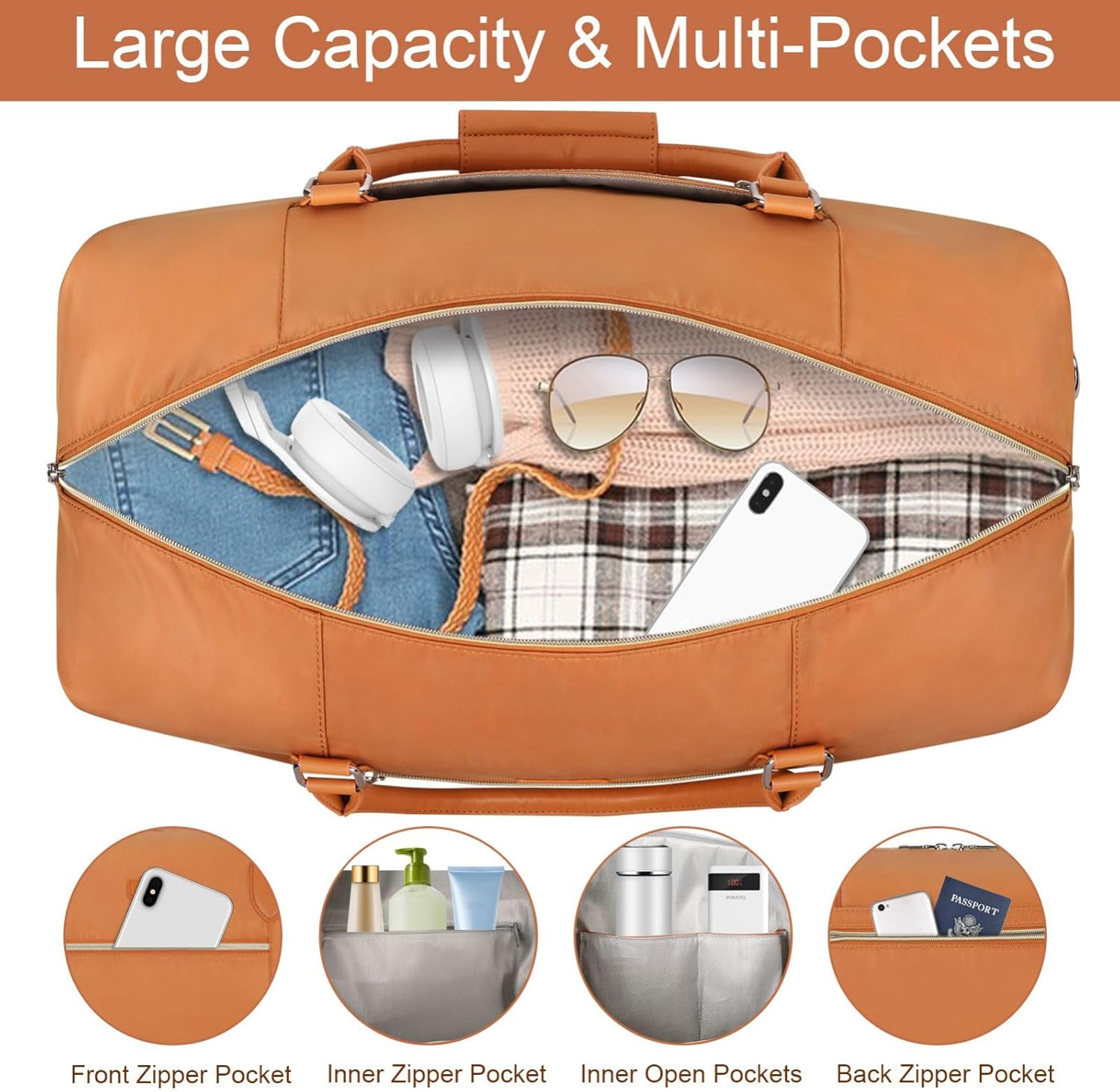 Weekender Bag for Women, Travel Duffel Bag Carry on Overnight Bag with Shoe Compartment Large Nylon Travel Weekend Tote Bag, 7-Brown, L, Weekender Bag for Women, Travel Duffel Bag Carry on Overnight image number 3