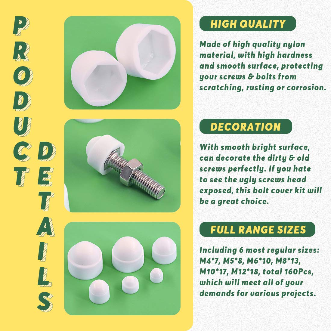 Keadic 160Pcs Bolt Covers Screw Caps Plastic Nut Assortment Kit with Organizer Box, M4 M5 M6 M8 M10 M12 Durable Nylon Insert Locknut for Matching Screws or Bolts, White image number 4