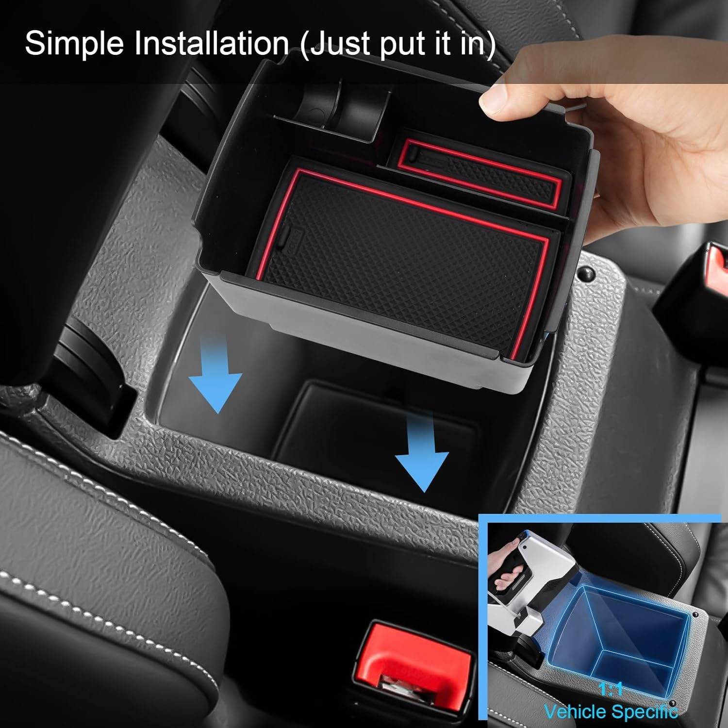 Coleya Centre Console Storage Box Compatible with VW Golf 7 7.5 2013-2019, Golf 7 Accessories Armrest Organiser, Golf 7.5 Centre Armrest Glove Box with Non-Slip Mat (Red) image number 2