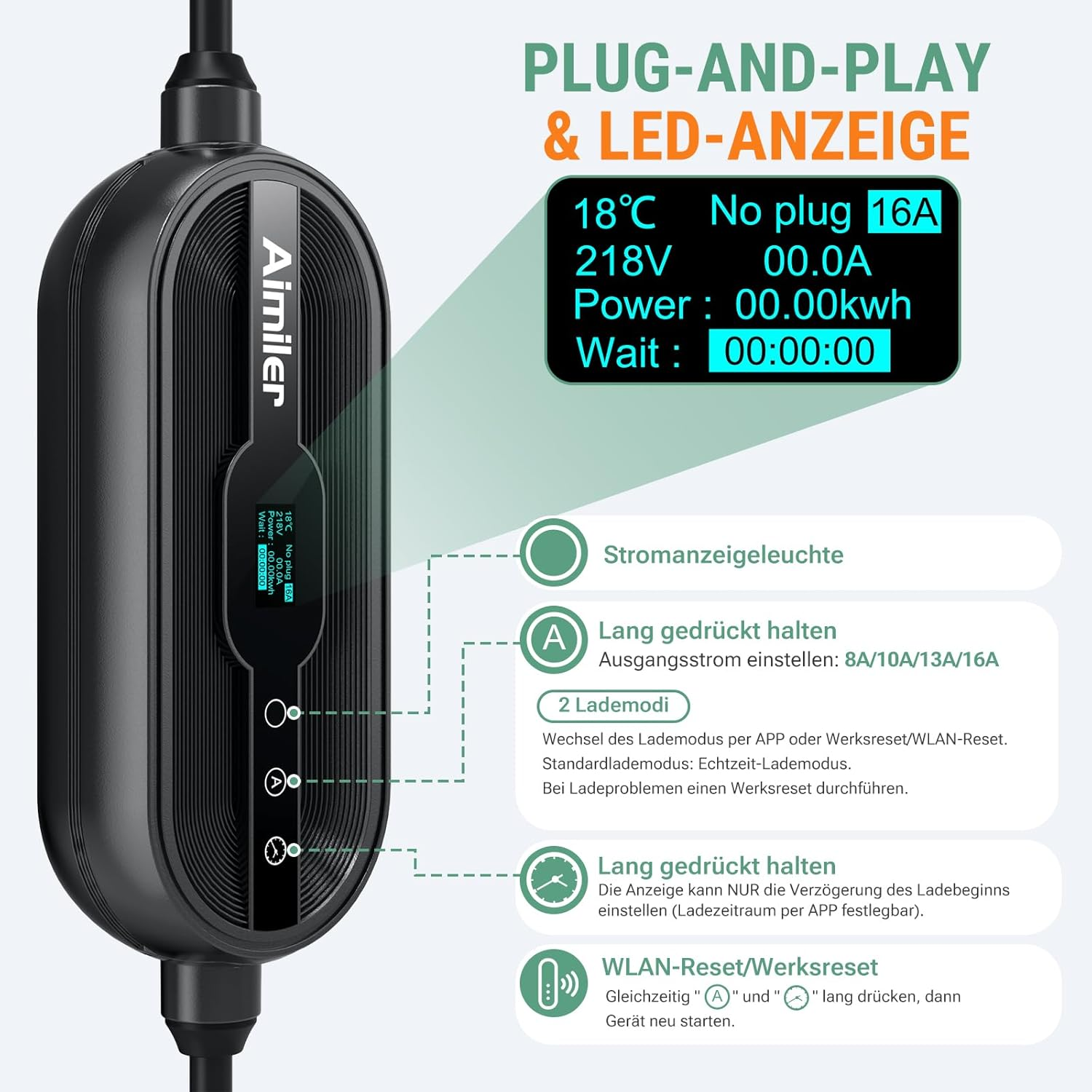 AIMILER Wallbox 11 Kw with App, Mobile Charging Station 3 Phase 400 V (8-16 a Adjustable) 7.5 M Type 2 Charging Cable Car, IP65 Portable/Wall Mounting for Electric Car (Model Y/3, ID.3/4/5, MG4, Zoe image number 2