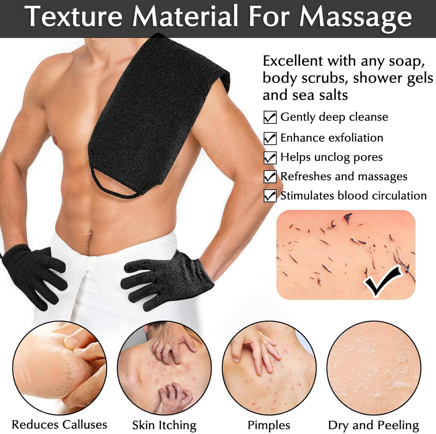 Anezus Exfoliating Back Scrubber Bath Gloves Set, Exfoliating Shower Towel with Shower Gloves for Body Scrub, Back Cleaner Wash Gloves to Remove Dead Skin (Black) - Beige image number 3