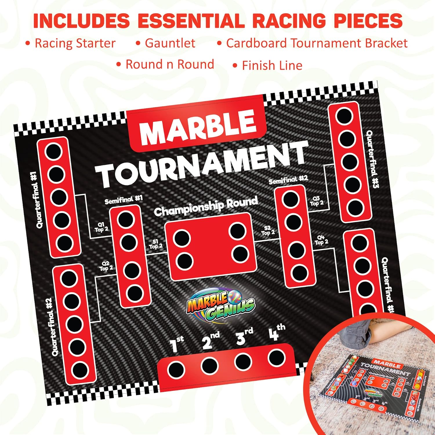 Marble Genius Marble Run Racing Set (125 Pieces) with Designer Marbles, Racing Action Pieces, & Tournament Board image number 6