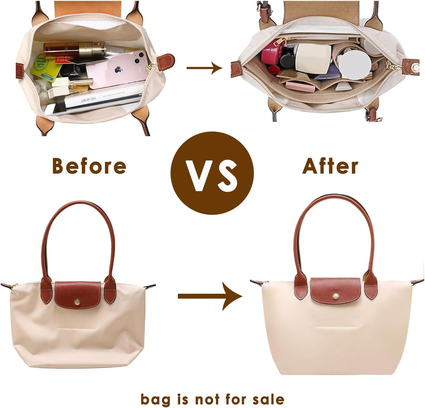 Purse Organizer Insert for Longchamp,Tote Bag Organizer Insert, Multi Pocket Felt Handbag Organizer (Beige, Large) image number 1