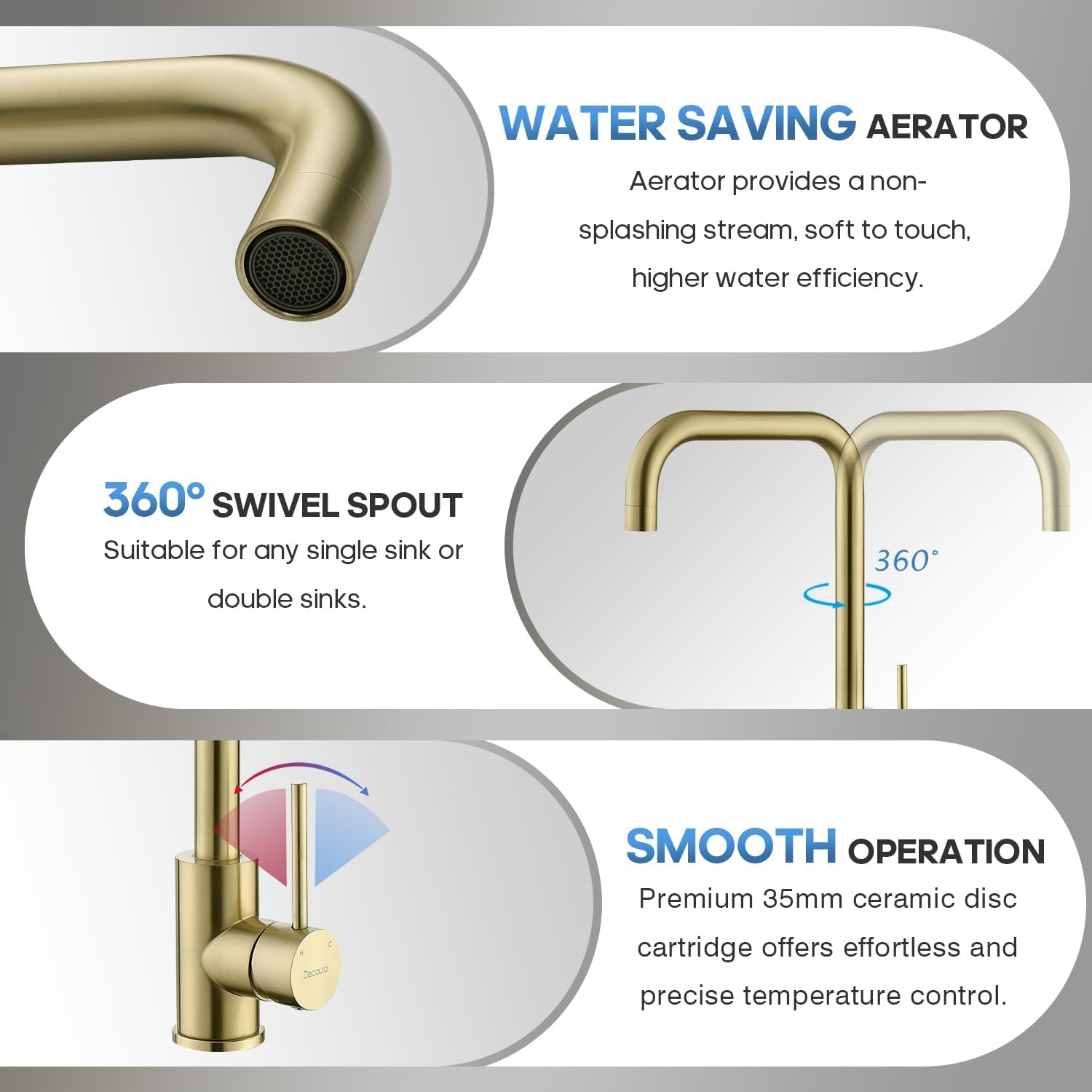 Decaura L-Spout Kitchen Mixer Tap Lead-Free Sink Faucet 360 Swivel Laundry Basin Taps (&lrm;Brushed Gold) - Brushed Nickel image number 7