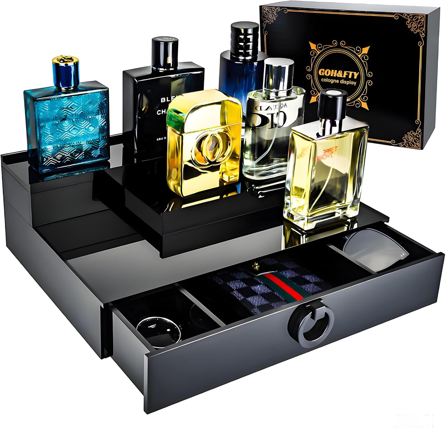 GOH&FTY Cologne Organizer for Men,3 Step Arylic Waterproof Black Cologne Stand with Drawer and Secret Compartment,Perfume Cologne Holder Tray Display Shelf as a Gift for Men in Dresser,Bedroom image number 4