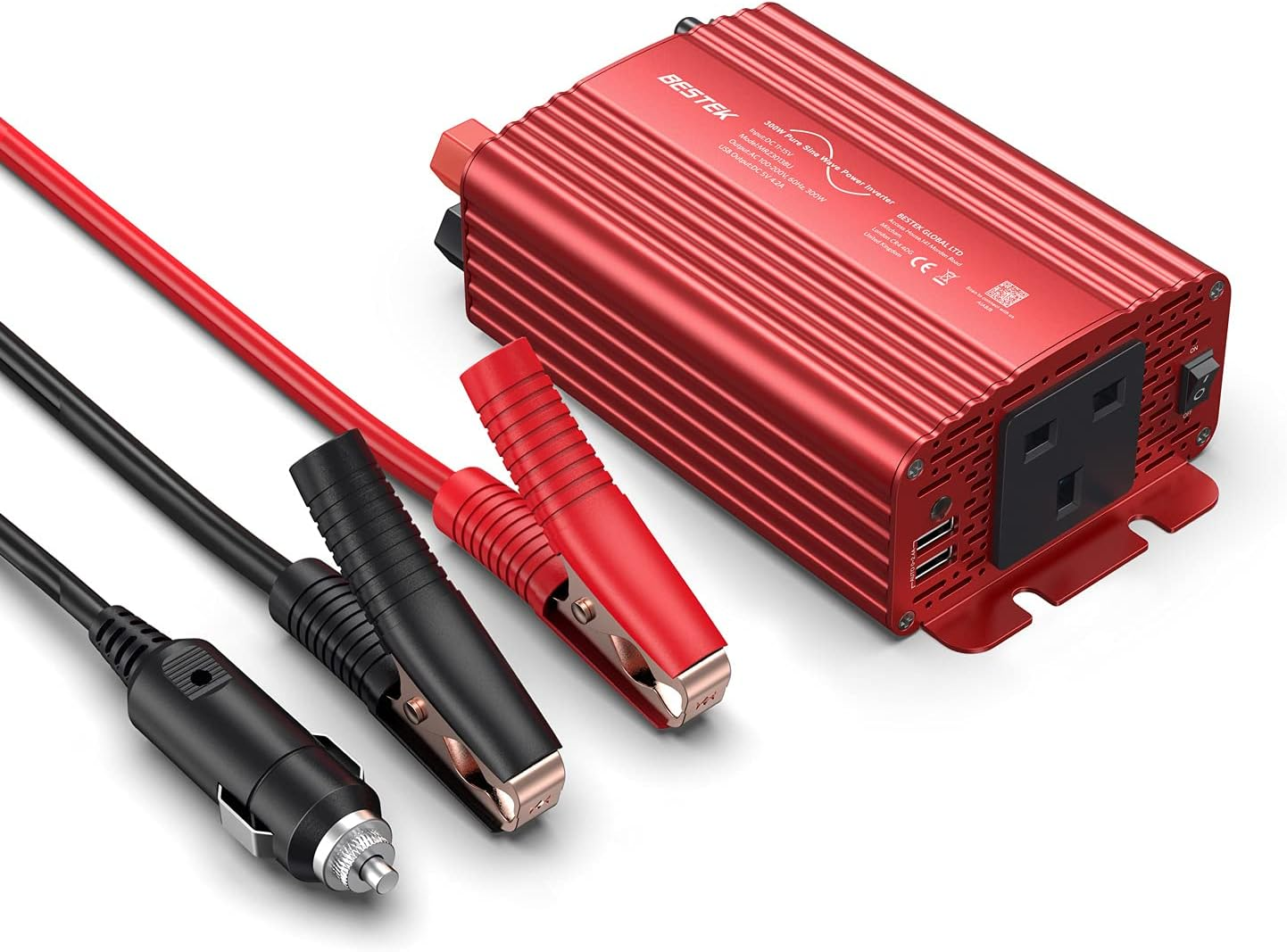 BESTEK 300W Pure Sine Wave Power Inverter DC 12V to AC 230V 240V with 4.2A Dual Smart USB Ports Car Adapter