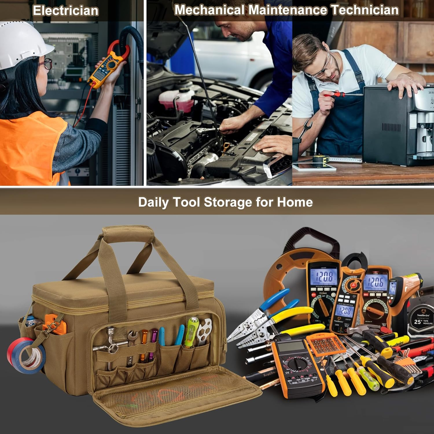 Rexmica 14 Inch Tool Bag for Men with Non-Slip and Thick Padded Base, Tool Bag Electrician, Multifunctional Work Bag for Craftsmen, Electricians, Carpenters, Khaki image number 6