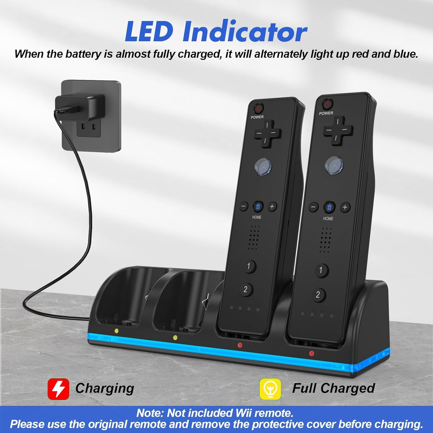 Remote Controller Charger for Wii/Wii U with 4 Pack 2800Mah Rechargeable Battery Pack, 4 Port Charging Station for Wii Controller, Remotes Are Not Included