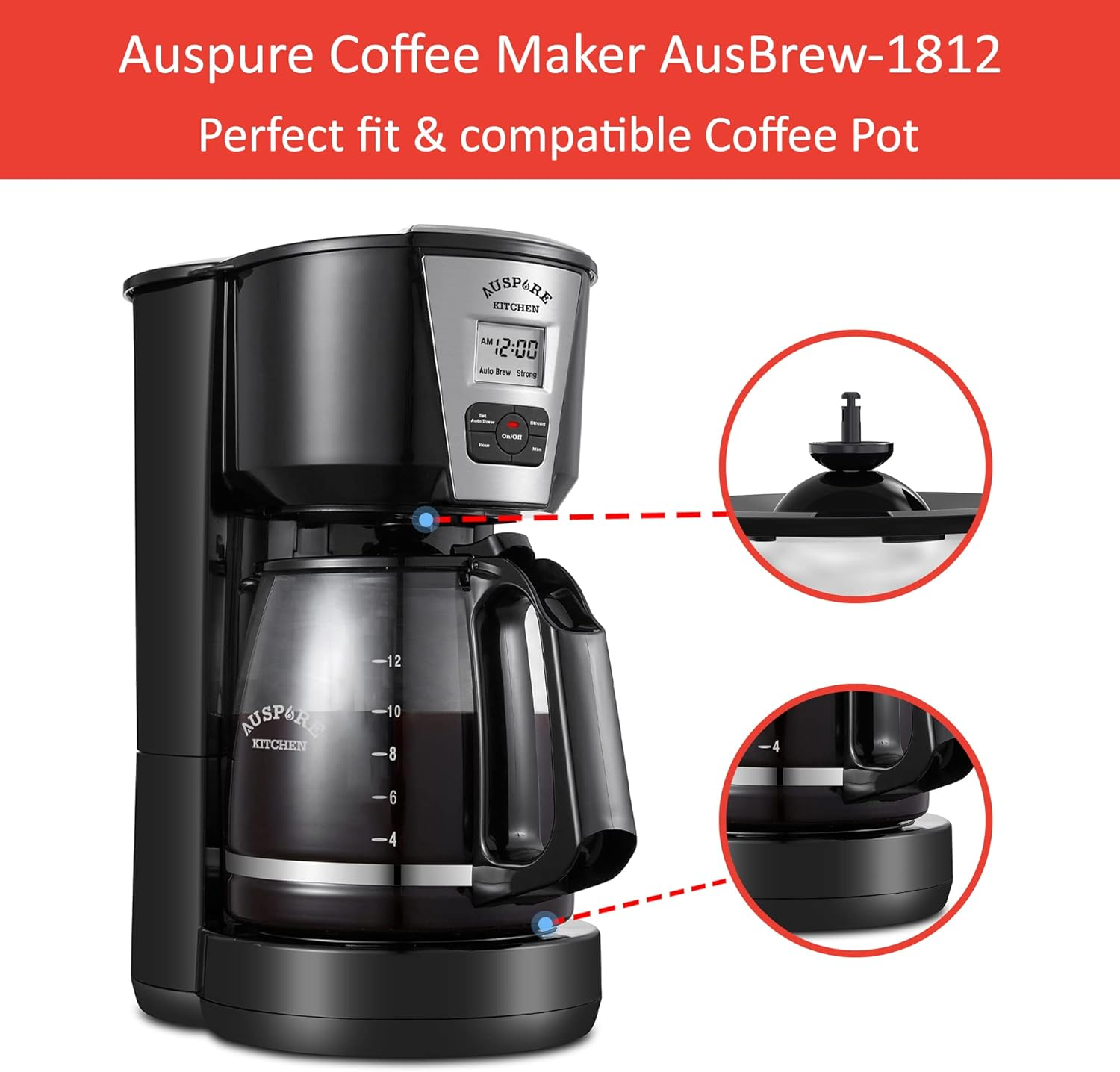Auspure Kitchen 12-Cup Replacement Coffee Pot Compatible with Ausbrew-1812 Coffee Maker, Ausbrew-1812Cp image number 1