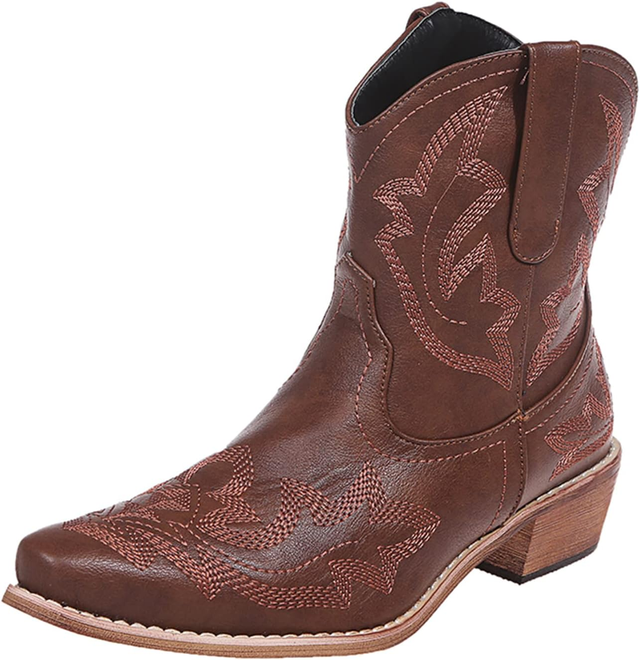 Kinyahoe Cowboy Boots for Women Cowgirl Western Ankle Boots Ladies Short Embroidered Pointed-Toe Low Heel Stitched Classic Retro Booties US6-10.5