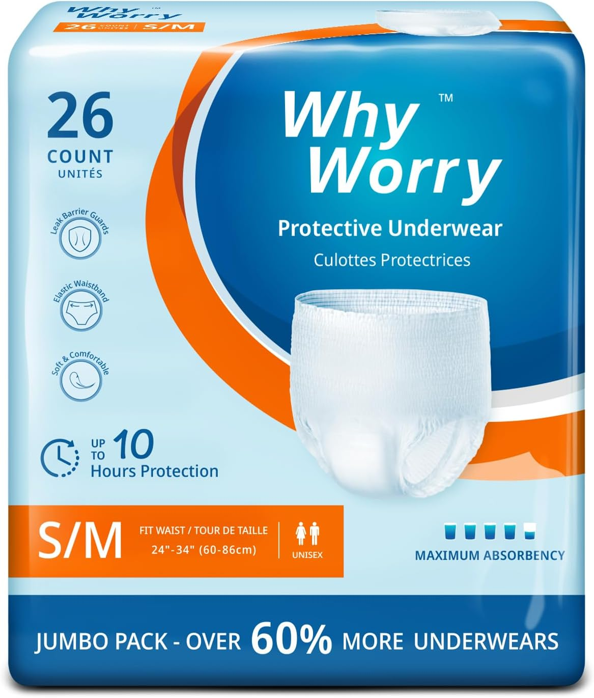 Whyworry Incontinence Underwear for Women and Men, Disposable Adult Pull Ups with Maximum Absorbency, Leakproof Absorbent Pants, Odor Control, Unisex, Small/Medium, 26 Count image number 4