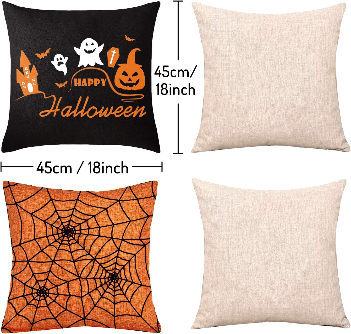 Whaline 4 Pieces Halloween Pillow Case, Orange and Black Pillow Cover, Happy Halloween Linen Sofa Bed Throw Cushion Cover Decoration (18" X 18") image number 4