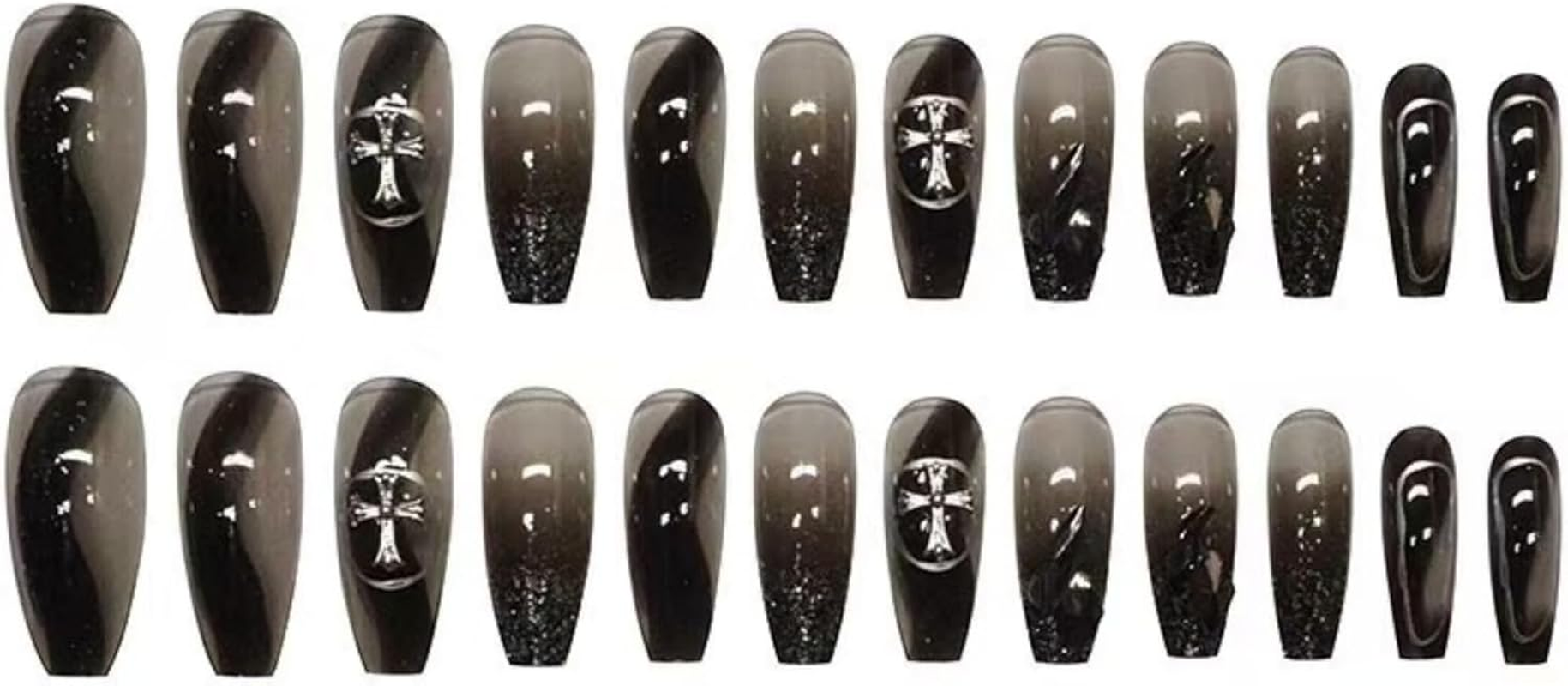 KAVI' S 24Pcs Black French Tip Stick on Nails Coffin Medium Long Press on Nails Nude Gradient Glitter Fake Nails Ballerina Acrylic False Nails Jerry Glue for Women Girls Nail Art (Croixin)
