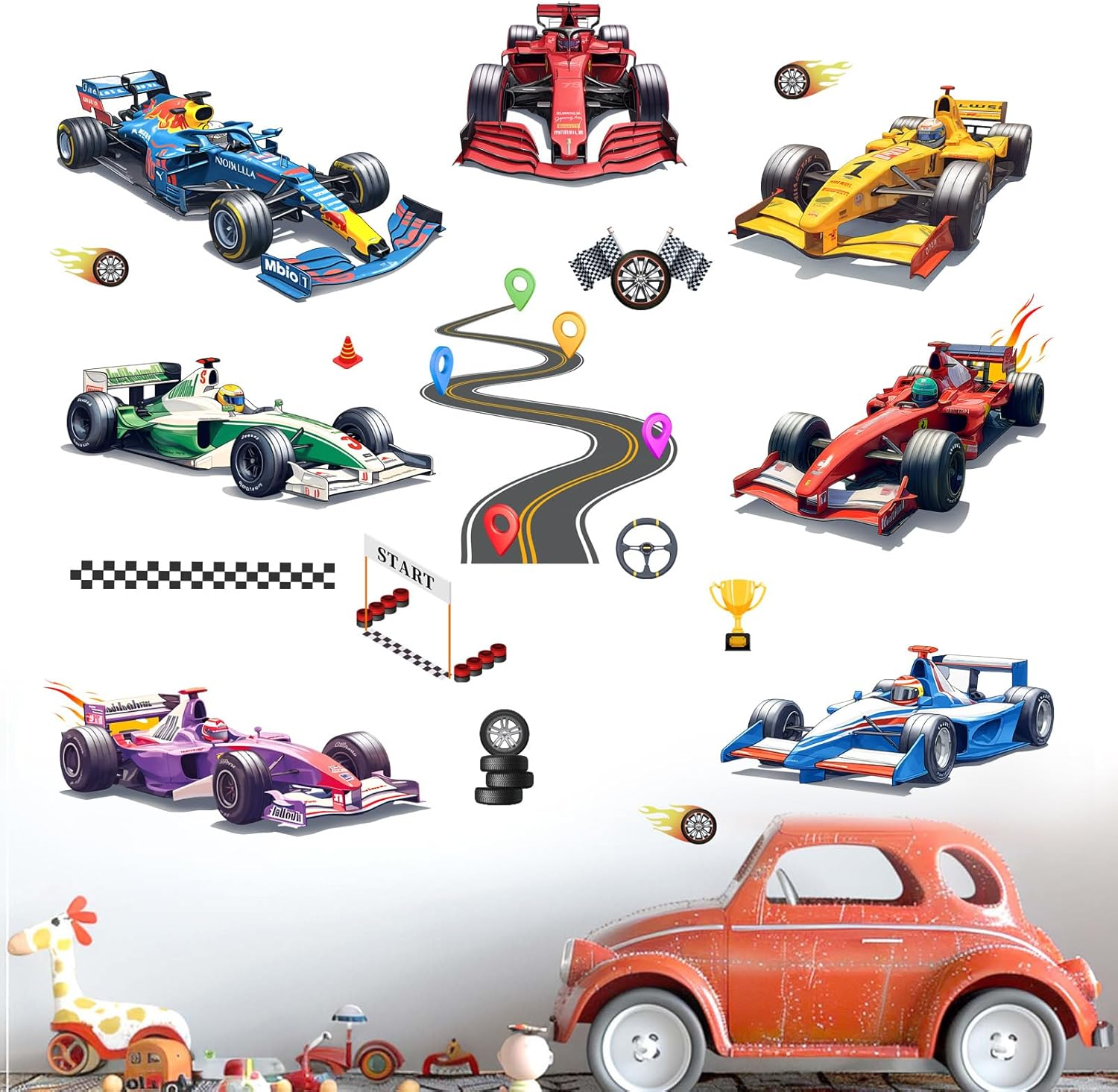 Amimagen Racing Cars Wall Stickers - Vehicles Roads Boys Bedroom Wall Decals - Baby Nursery Kids Room Daycare Playroom Wall Decor image number 4