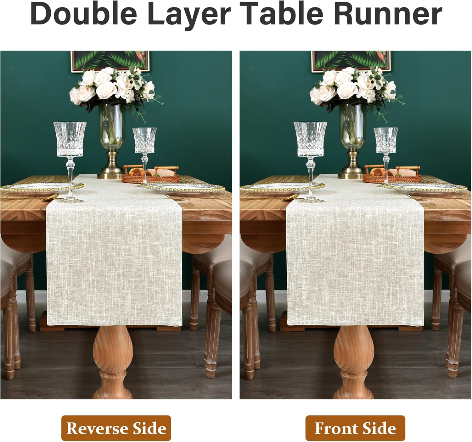 Reversible Double Layer Table Runner Faux Linen Fabric Beige Table Runners Elegant Rustic Farmhouse Runners for Kitchen Dining Coffee Table 13X48 Inch (33X122 Cm) image number 5