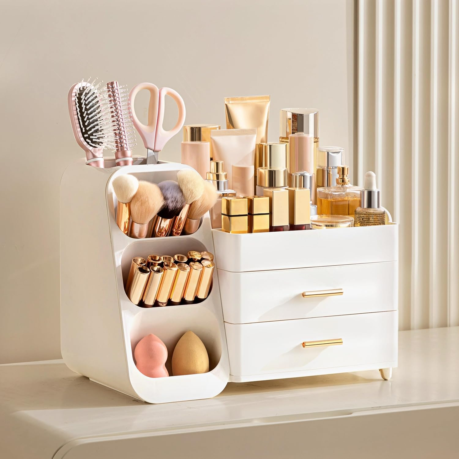 Hblife Makeup Organizer with Brush Holder for Vanity, Large Plastic Bathroom Countertop Organizer Skin Care Storage, Easy to Store Lipsticks, Nail Polishes, Perfumes, Eyeshadow Palettes, All White image number 2