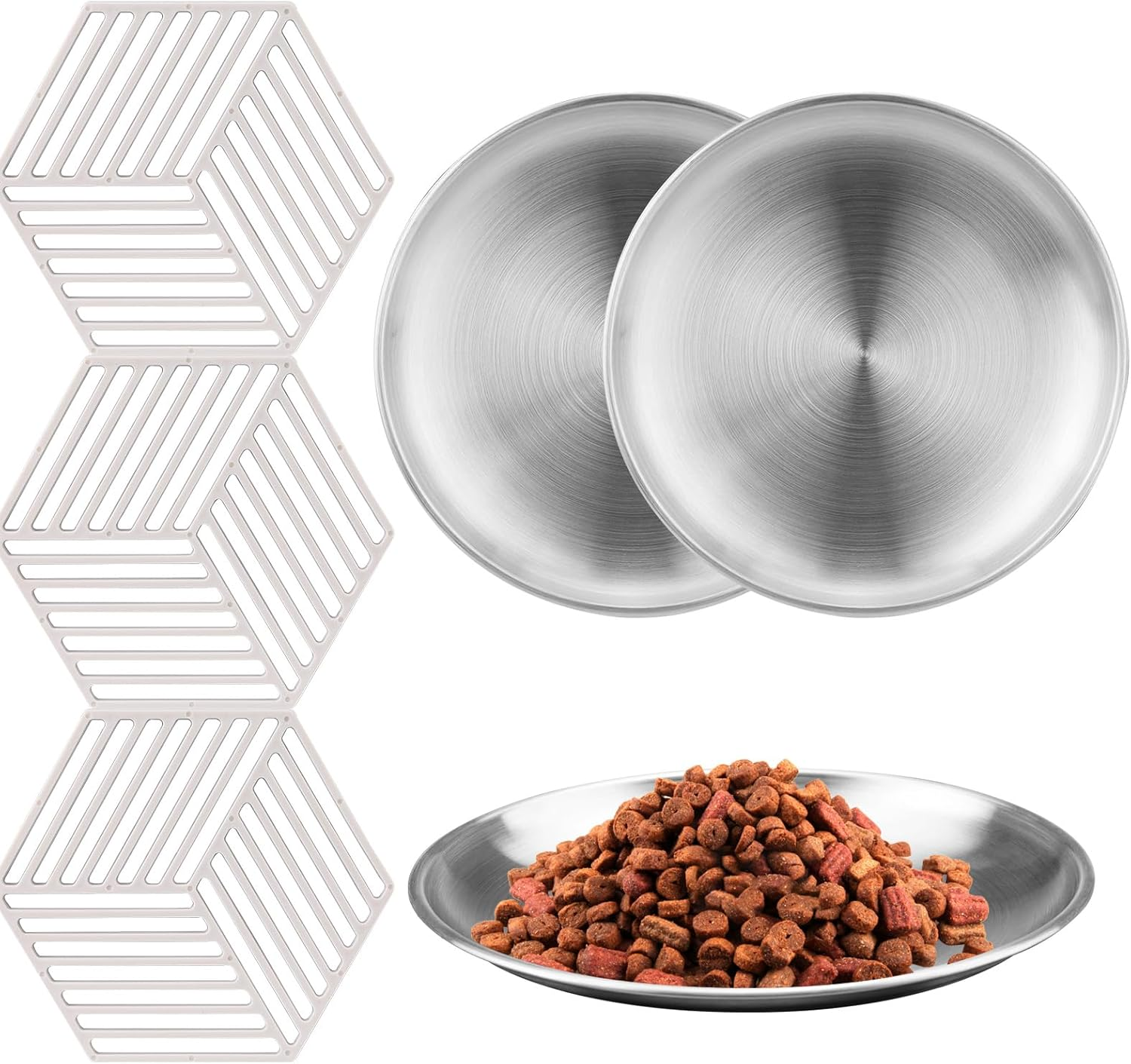 3 Sets of Stainless Steel Cat Bowls Whisker Friendly with Non Slip Silicone Placemats, Shallow Kitten Food Bowl Cat Plates for Wet Food, Suitable for Cats Small Pets (Silver) image number 3