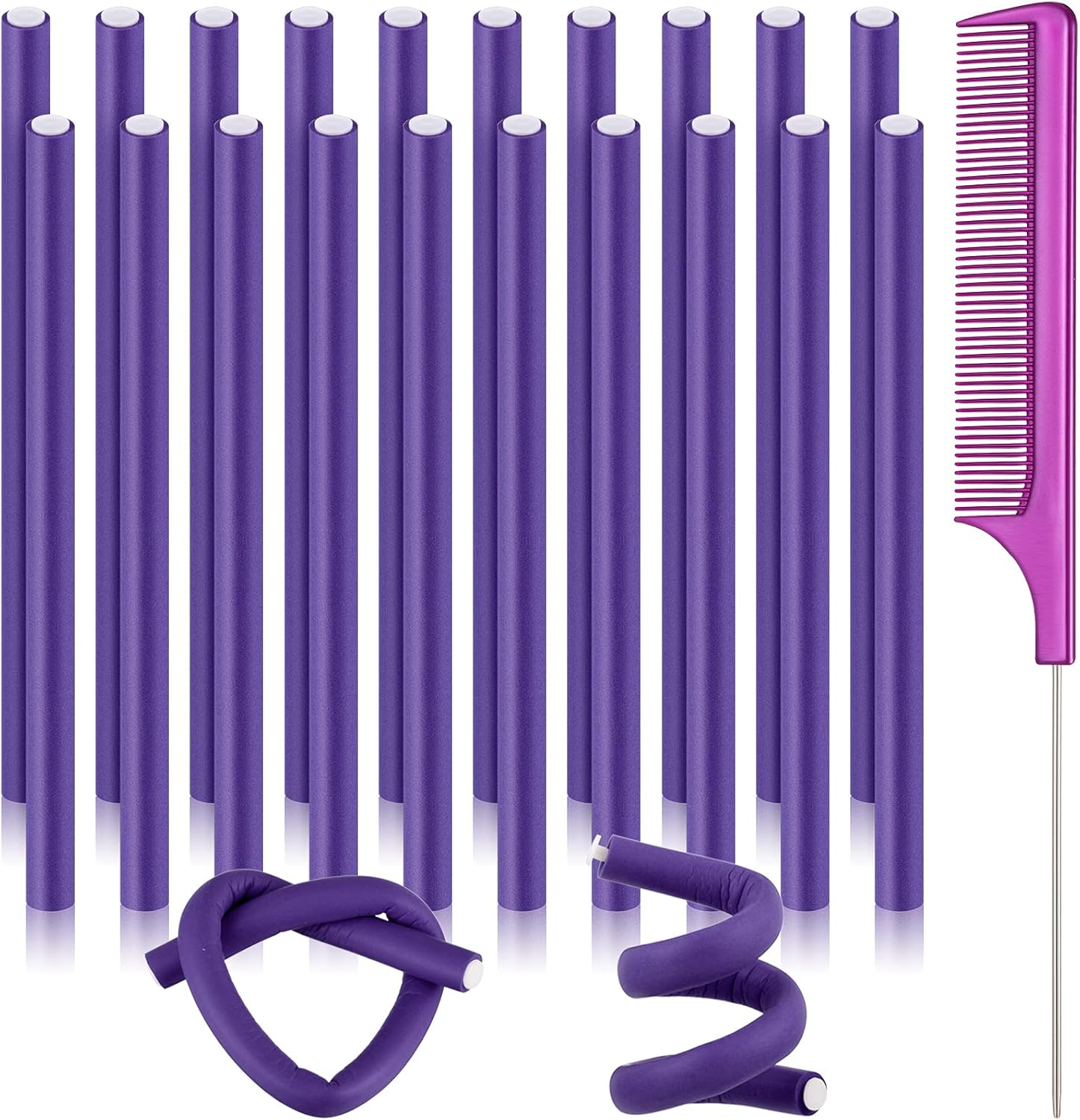 Chuangdi 20 Pcs Flexible Curling Rods Twist Foam Hair Rollers Soft Foam Hair Rods Rollers Curlers and Pintail Comb for Women Long and Short(0.31 X 9.4 Inch,Purple)