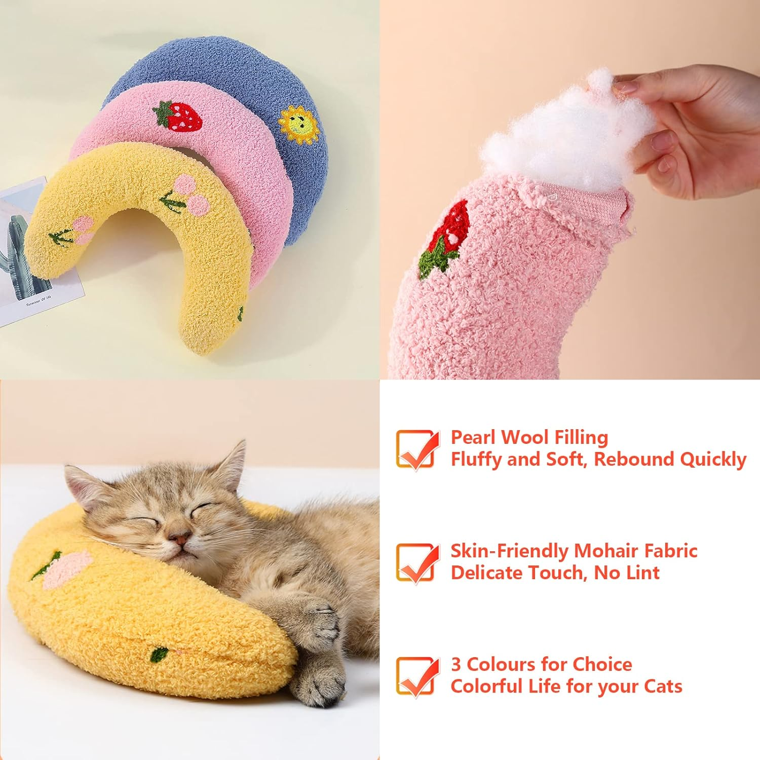 Cooshou 3 Pack Little Cat Pillow for Indoor Cats Puppy Kitten Pillow Bed Curl up Half Donut Pet Sleeping Improve Pillow for Female Girl Cats Male Boy Cats image number 1