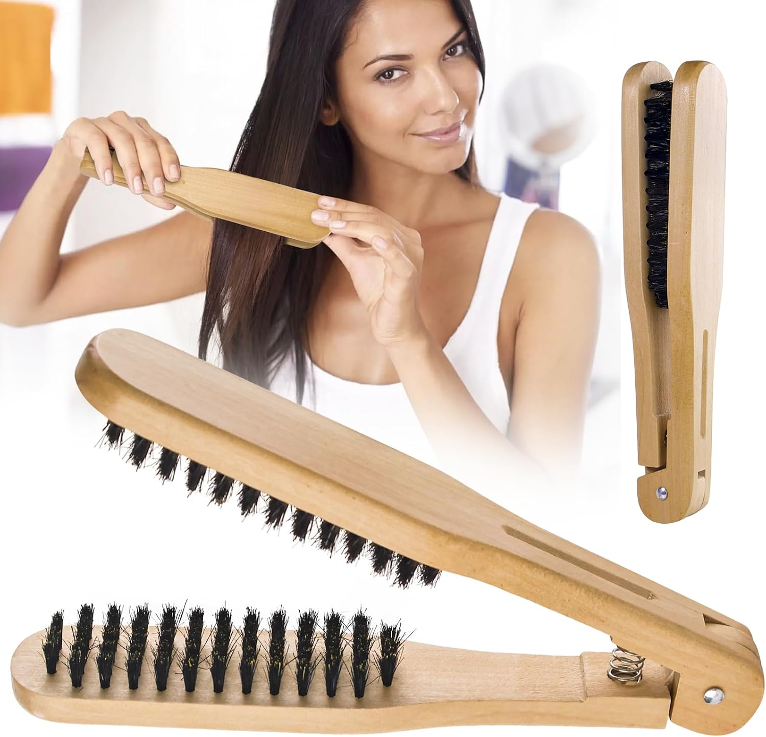 Chazcool Double Sided Bristle Hair Brush, Clamp Hair Brush Use for Smoothing and Straight Hair Styles, Wooden Hair Straightening Brush image number 5