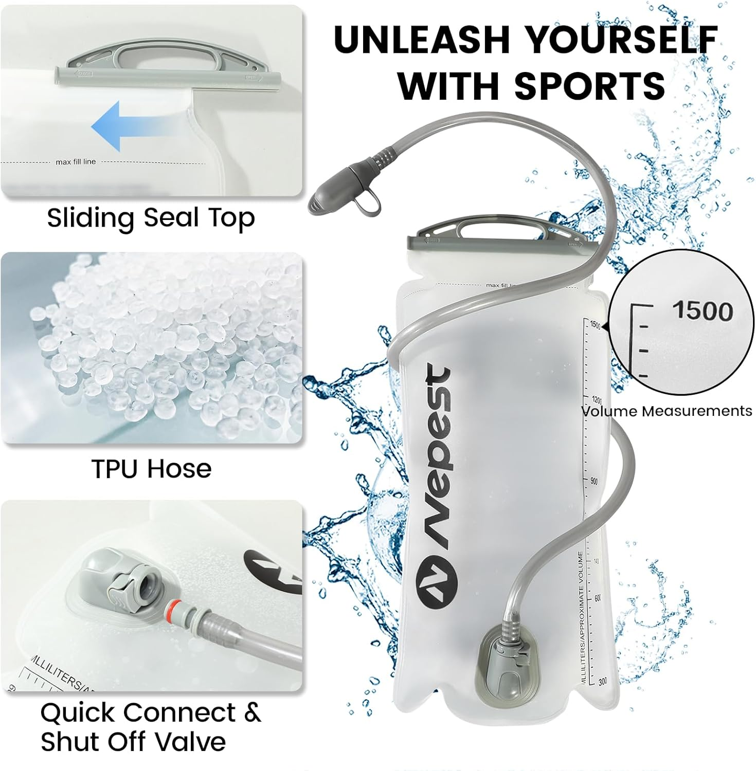 Nepest Kids Hydration Backpack, Mini Water Backpack with 1.5L Water Bladder for Hiking Cycling Running - Black image number 2