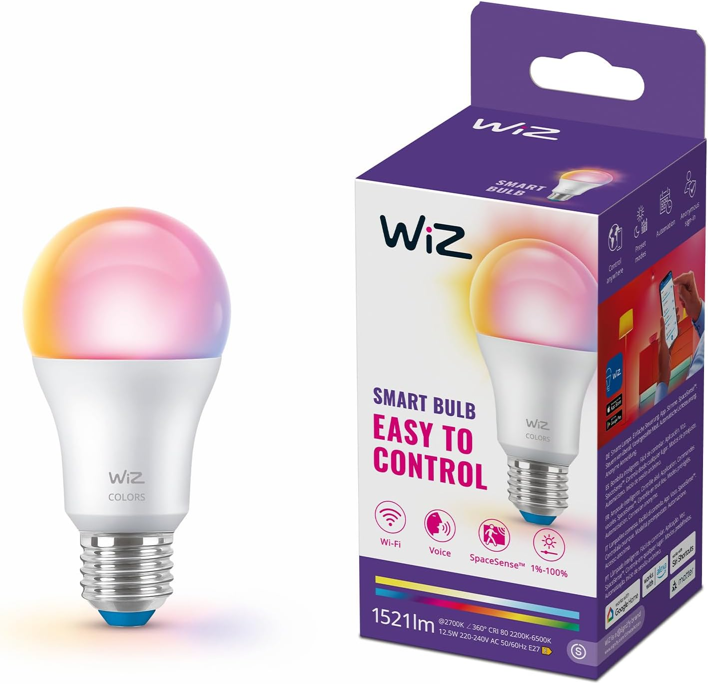 Wiz Smart LED A60 Lamp Colour and Tunable White E27 Base Equivalent 100W 2200-6500K 1521 Lumens Dimmable Compatible with Alexa, Google Assistant, and Apple Homekit 1-Pack image number 3
