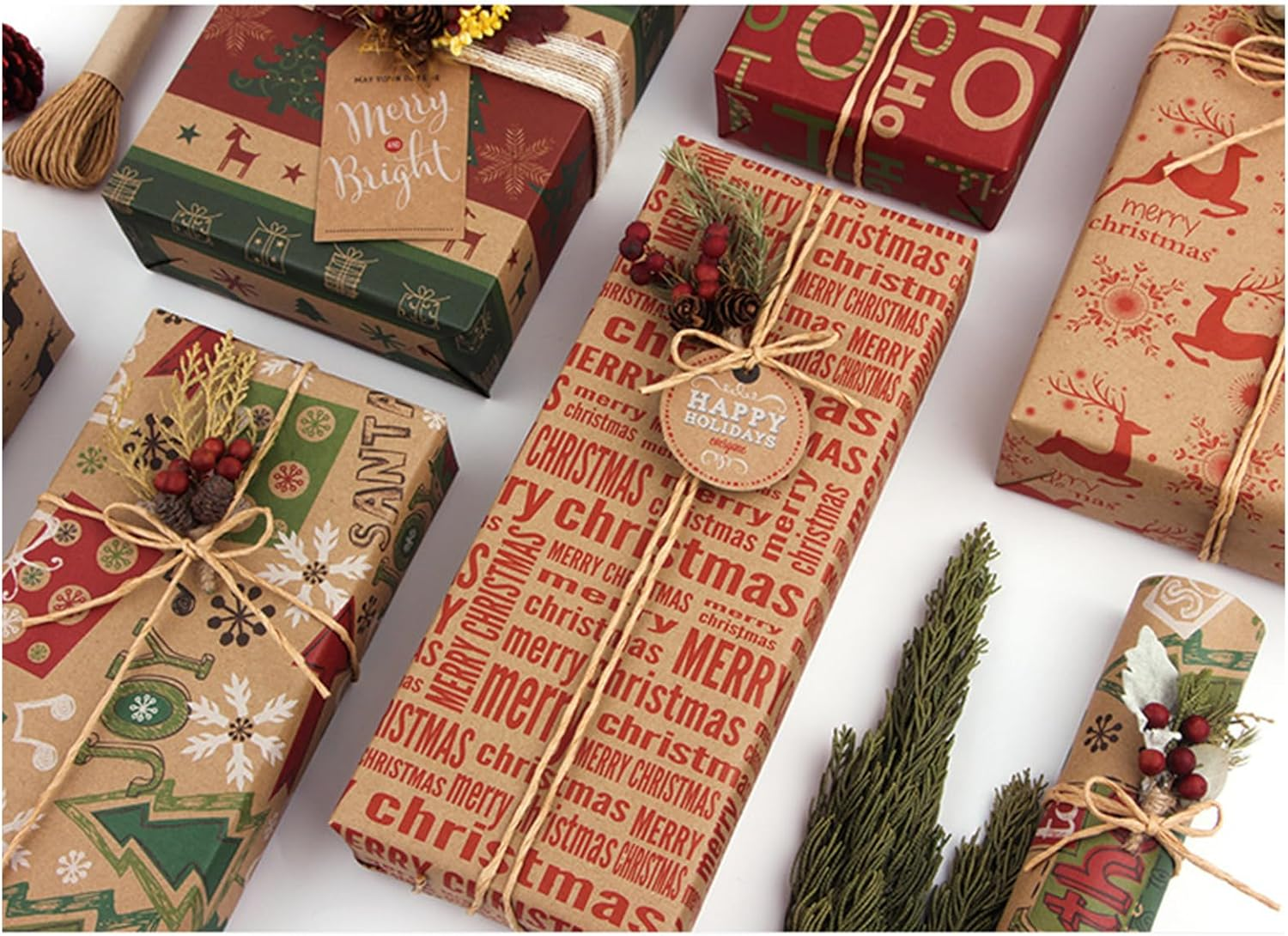 12 Pack Wrapping Paper Bulk,Cozy CORE Kraft Paper Eco-Friendly Recycled Kraft Sheets (70X50Cm) 6 Unique Designs + Bonus 10M Jute String & 10 Gift Tags