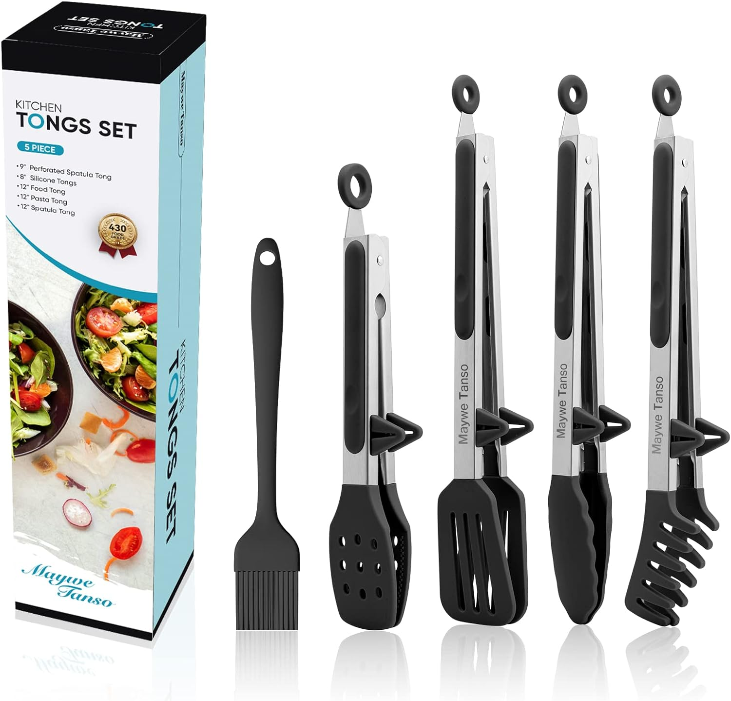 5-Pack Silicone Tongs for Cooking,Maywe Tanso 4PCS 13-Inch Cooking Kitchen Tongs with Silicone Tips,Nonstick Stainless Steel Tongs for Steak Pie Pizza Pasta Spaghetti Salad BBQ Buffet,Plus Brush