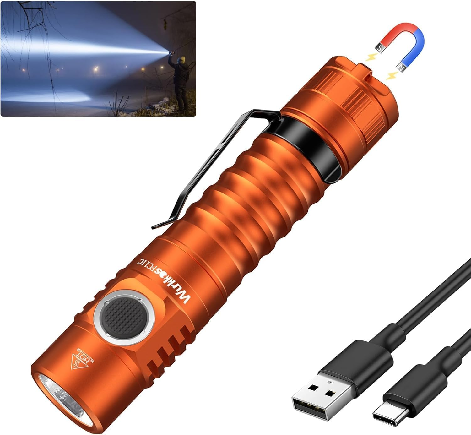 Wurkkos FC11C LED Flashlights Rechargeable -Small Powerful EDC Flashlight 90CRI 1200 High Lumen, IP67 Waterproof,Magnetic Tailcap,155M Beam Distance for Garden Dog Walking Emergency(Orange 5000K)