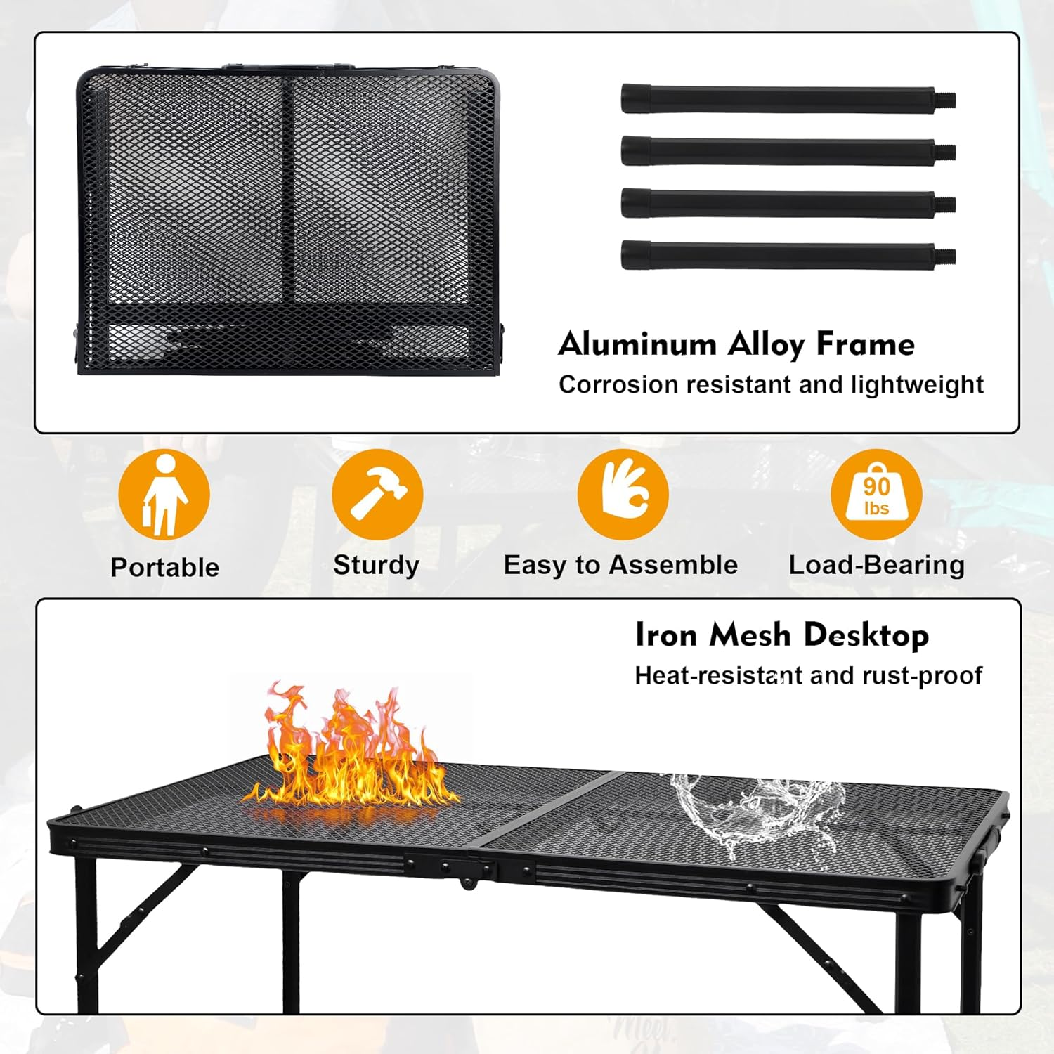 GREGIN Camping Table with Mesh Desktop, Lightweight & Portable Folding Grill Table, Height Adjustable Metal Outdoor Table for Camp, Cooking, BBQ, RV, Picnic-3 FT Black image number 6