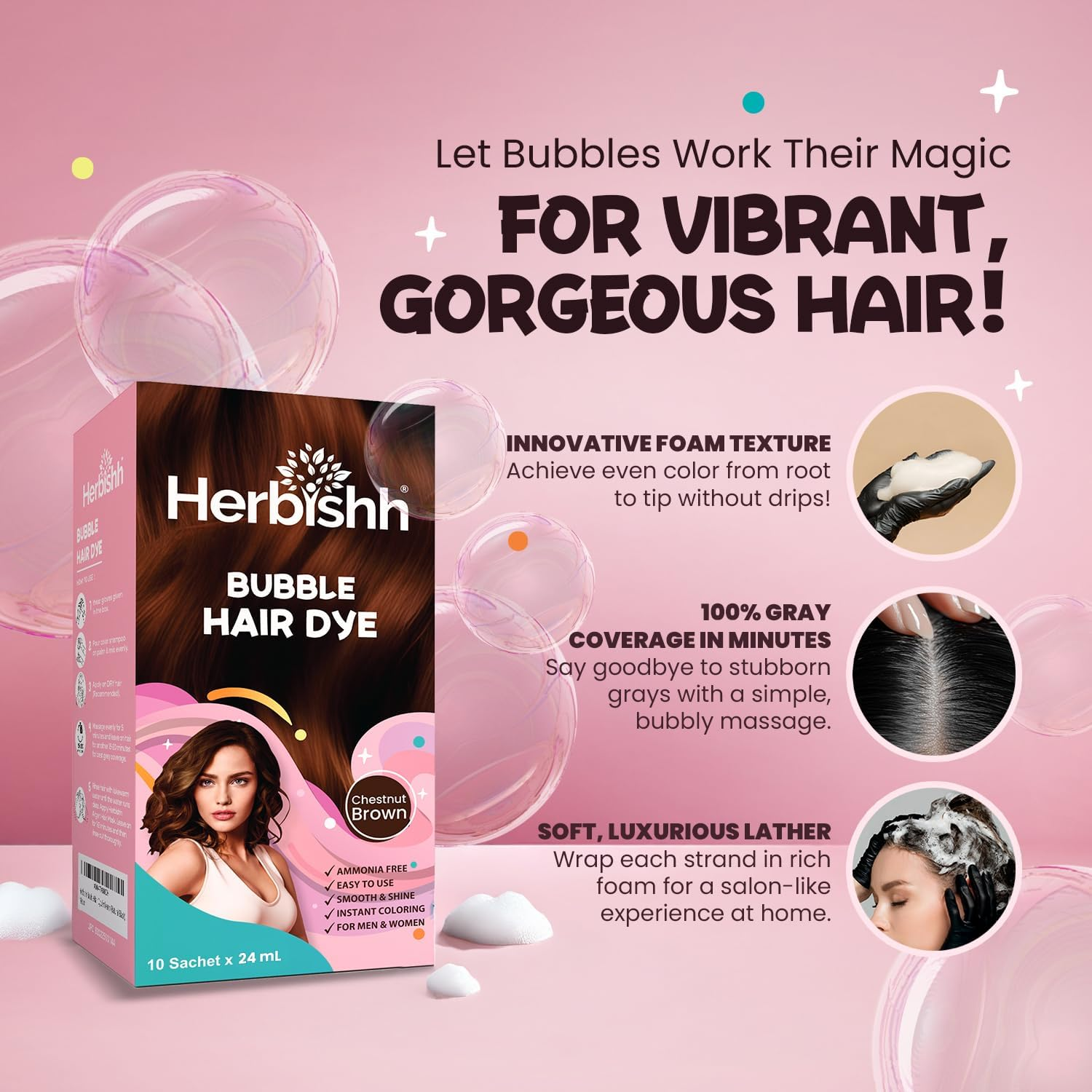 Herbishh Bubble Foam Hair Dye Shampoo, 3 in 1 Dye for 100% Grey Coverage, Permanent Hair Coloring for Men & Women, Long-Lasting & Travel-Friendly, Ammonia-Free, 10 Sachet X 24 Ml (Chestnut Brown) image number 4