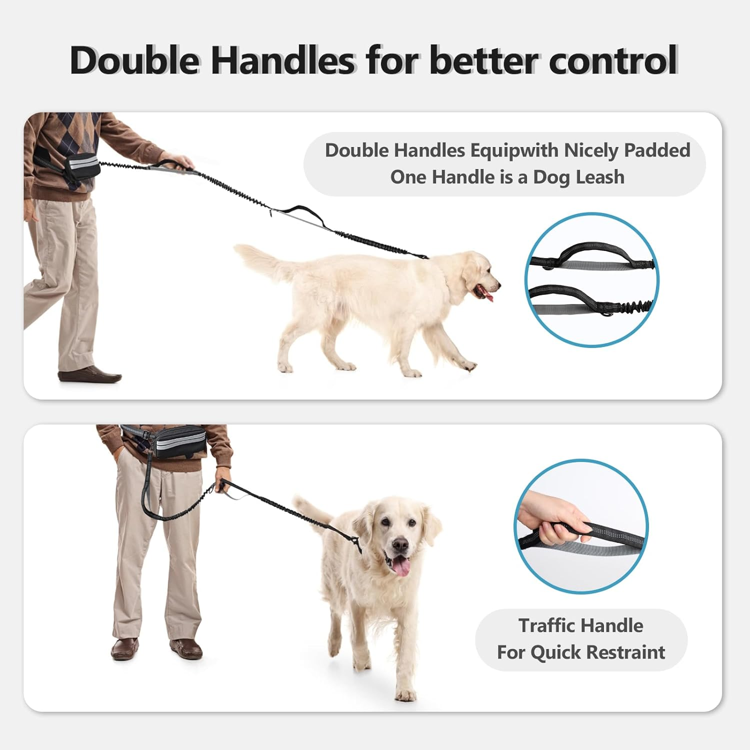 Enbluy Hands Free Dog Leash with Adjustable Waist Belt, Retractable Design, Reflective Stitching, Bungee Cord, Dual Handles, Zipper Pouch, Suitable for Running, Walking, Hiking (Double Dog Leash)