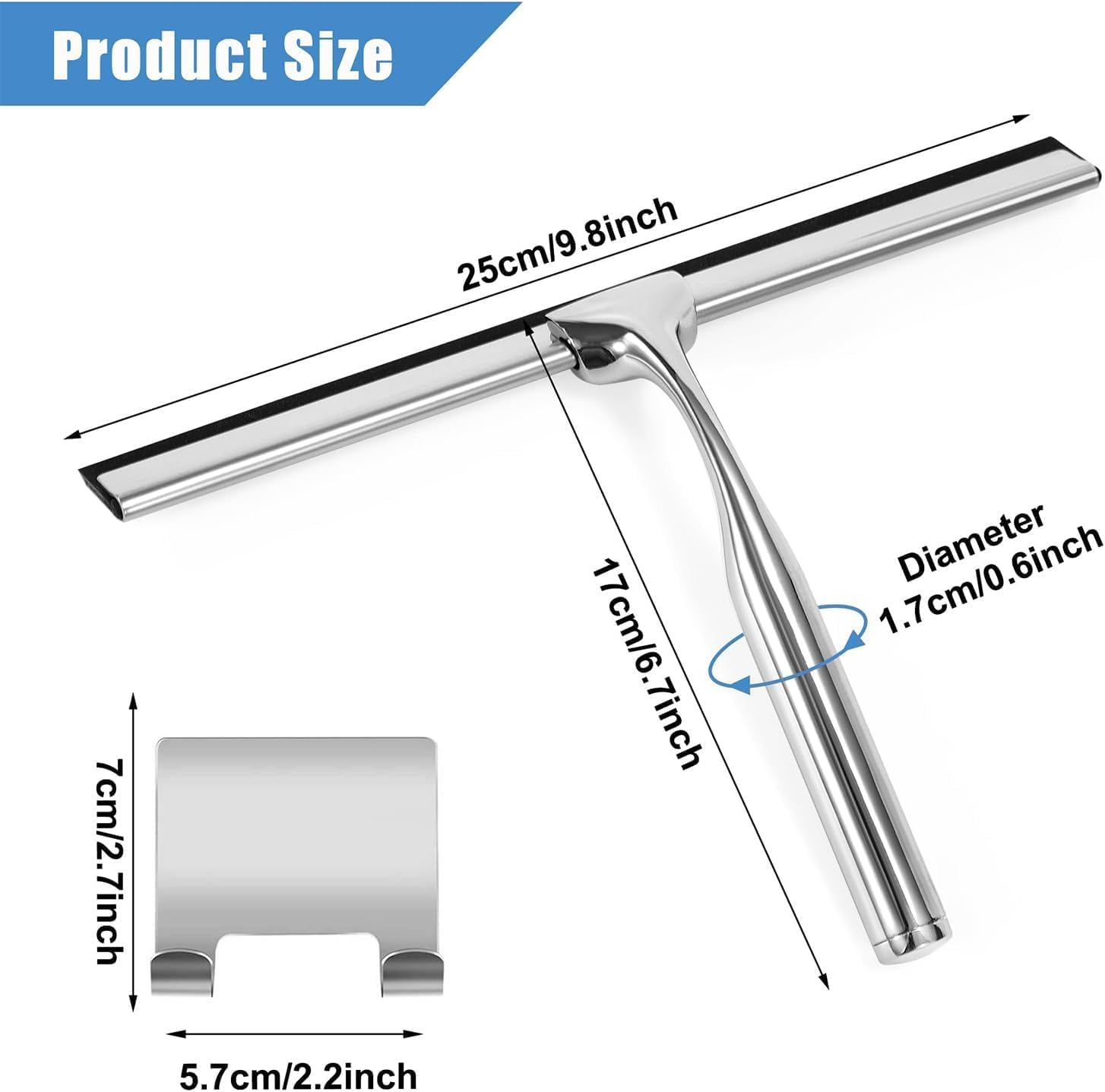 Shower Squeegee, Bathroom Window Squeegee, All Purpose Silicone Blade Window Wiper Tool Raclette Douche for Doors Window Car Mirror Glass Ceramic Wall, with Hook (10 Inch, Silver) image number 2