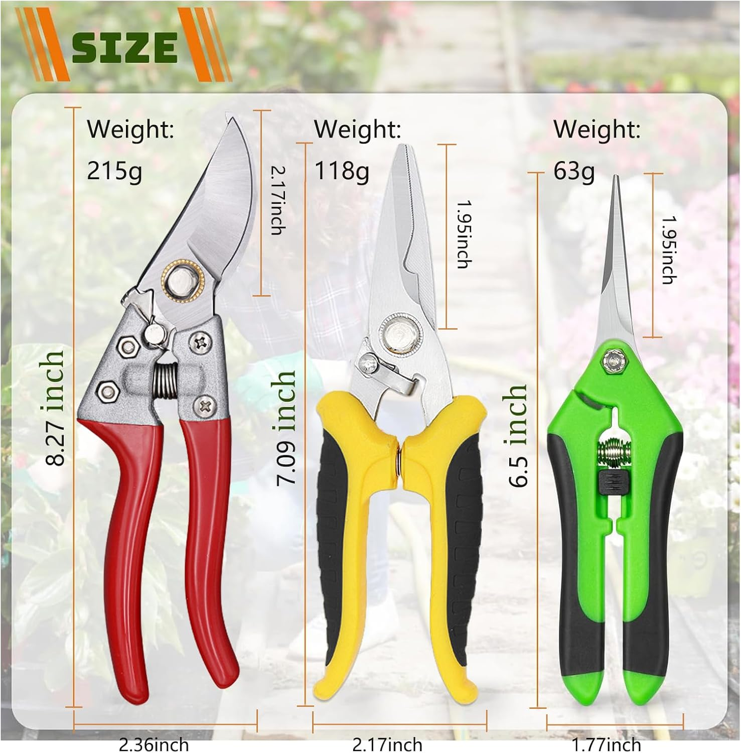 5 Pack Garden Shears Set with High-Carbon Steel Sharp Pruning Shears, Straight Fruit Picking Scissors and Serrated Electrican Scissors, Gardening Gloves & a Storage Bag image number 5