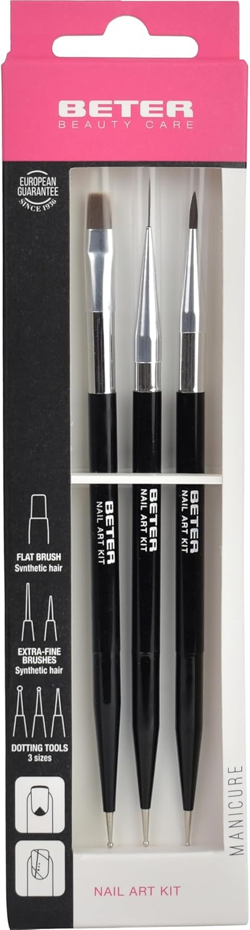 Beter - Set of 3 Dual-Ended Nail Art Brushes, Professional Nail Brush and Dotting Tool, Ideal for French Manicure, Fine Details and Gradients, Nail Art Decoration Kit, Nail Design image number 3