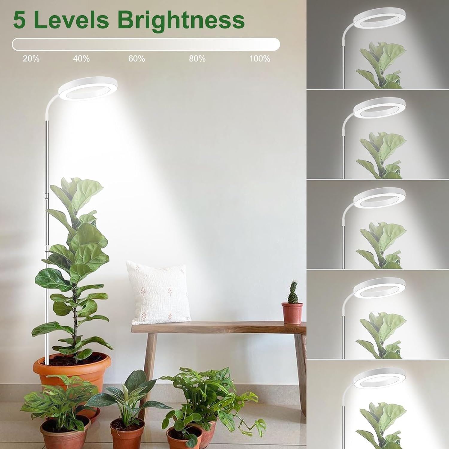 Wolezek LED Plant Lamp, 80 Leds, 6500 K, Full Spectrum, 160 Cm Large, 3 Colours, 5 Brightness Levels, 360&deg; Gooseneck, 6/12/16 Hour Timer, Height Adjustable, White - White image number 3