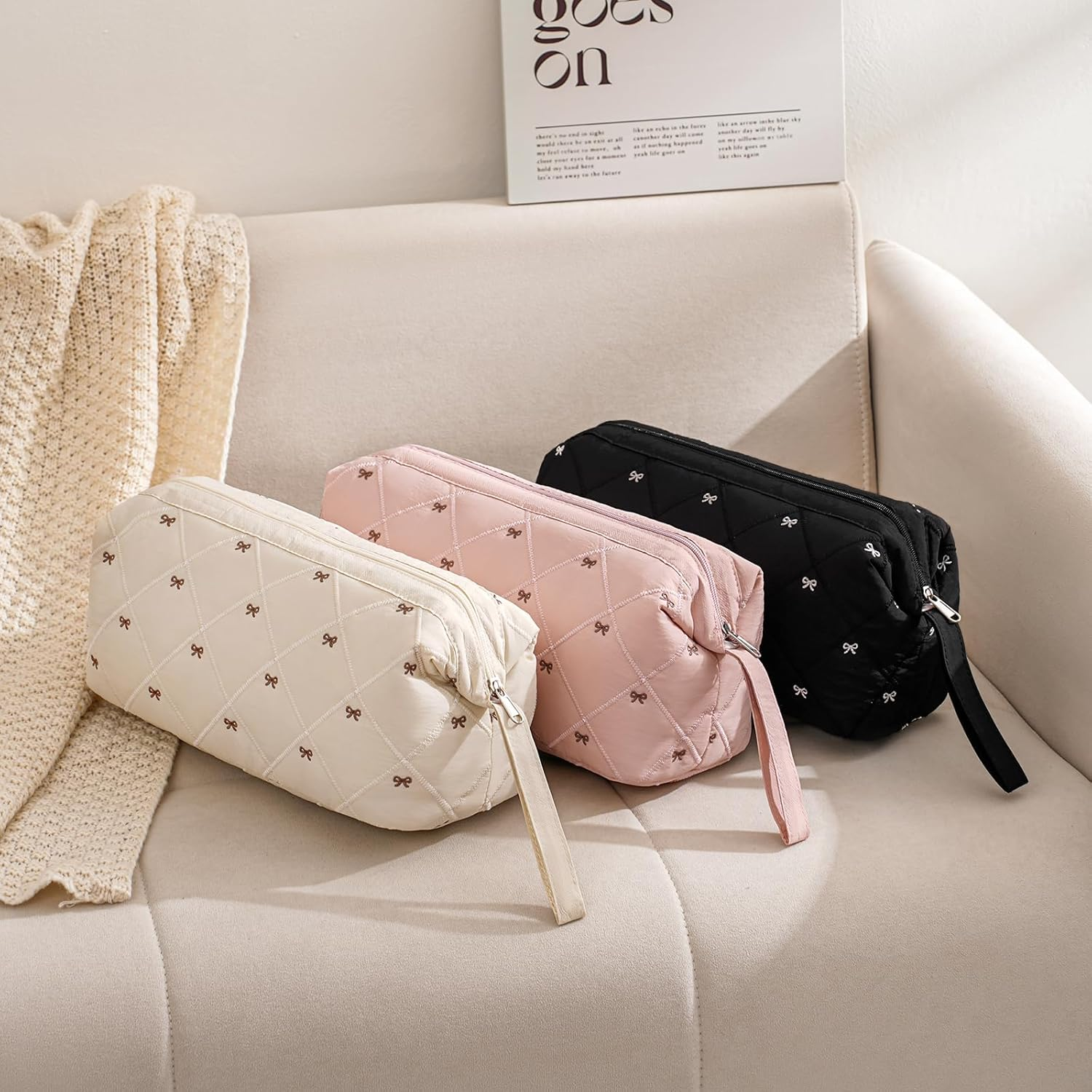 RSRSLEII Large Quilted Hair Tools Travel Bag with Bow Pattern,Waterproof Hair Styling Accessories Storage Case for Shark Flexstyle, Dyson Airwrap Hair Dryer, Curling Iron, Revlon Hair Tools, 03Beige image number 1