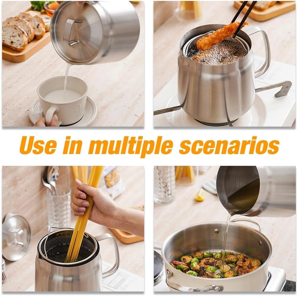 304 Stainless Steel Oil Filter Pot with Filter Basket and Mesh, 2.0L Large Capacity Versatile Oil Filter Vessel for Storing, Frying, and Cooking Grease image number 4