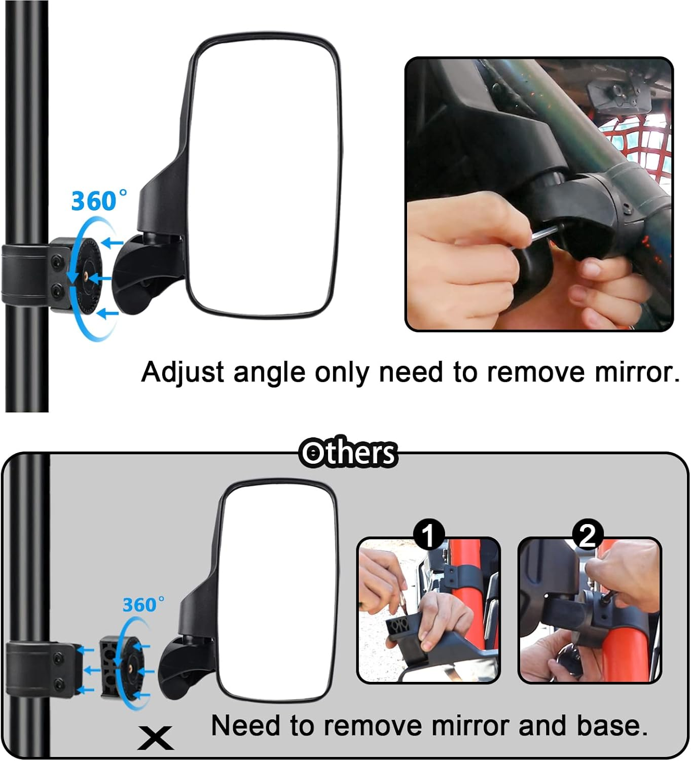 BETOOLL Adjustable Pair UTV Side Mirror Set 1.75 or 2Inch Roll Bar Cage Universal UTV Side View Mirrors High Impact image number 5