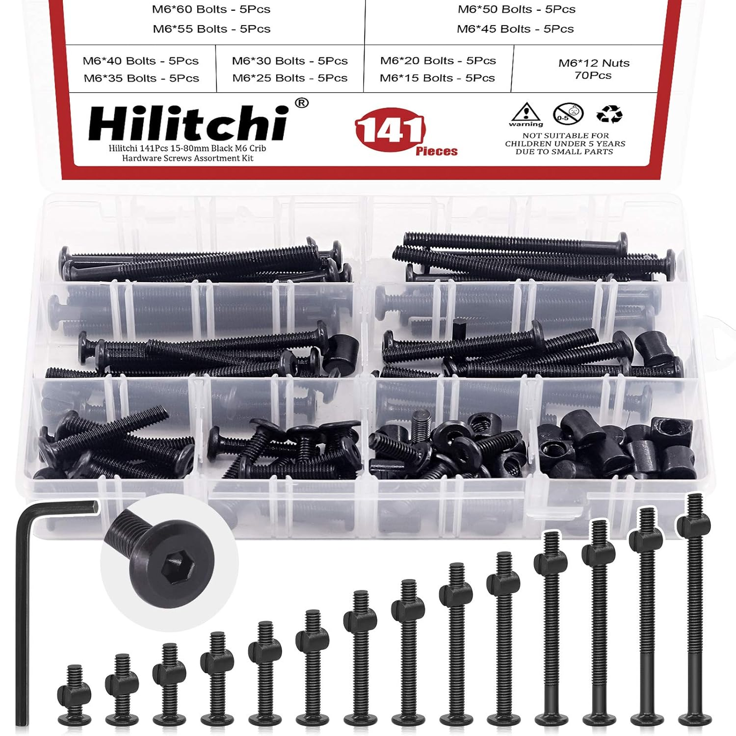 Hilitchi M6 Black Hex Socket Head Screws Bolts Barrel Nuts Hardware Assortment Kit for Crib Baby Bed Furniture Cots and Chair (Assortment Kit-140Pcs) image number 1
