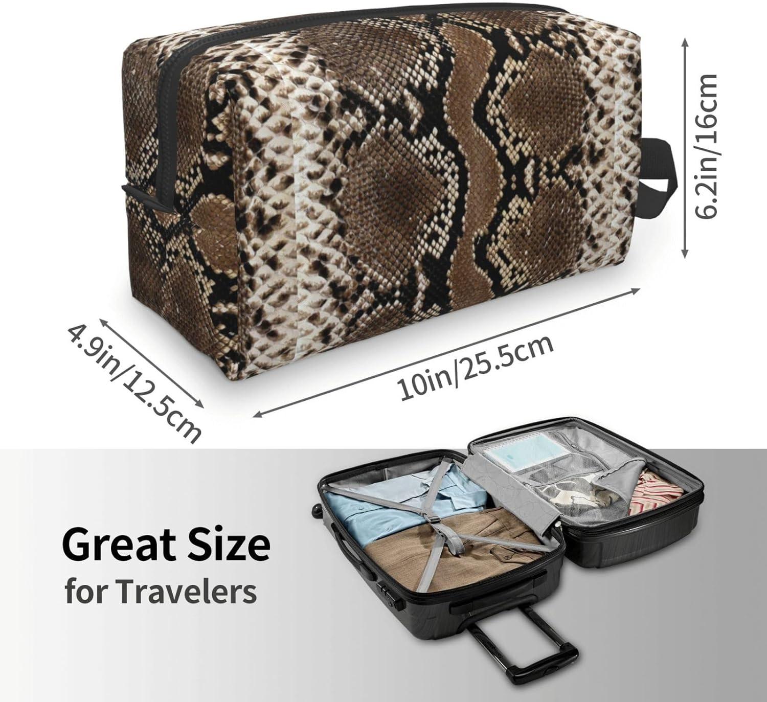 Cozimangoe Toiletry Bag for Travel, Large Padded with Handle Makeup Bags Shaving Cosmetics Toiletries Accessories Gym, Personalized Snakeskin Brown