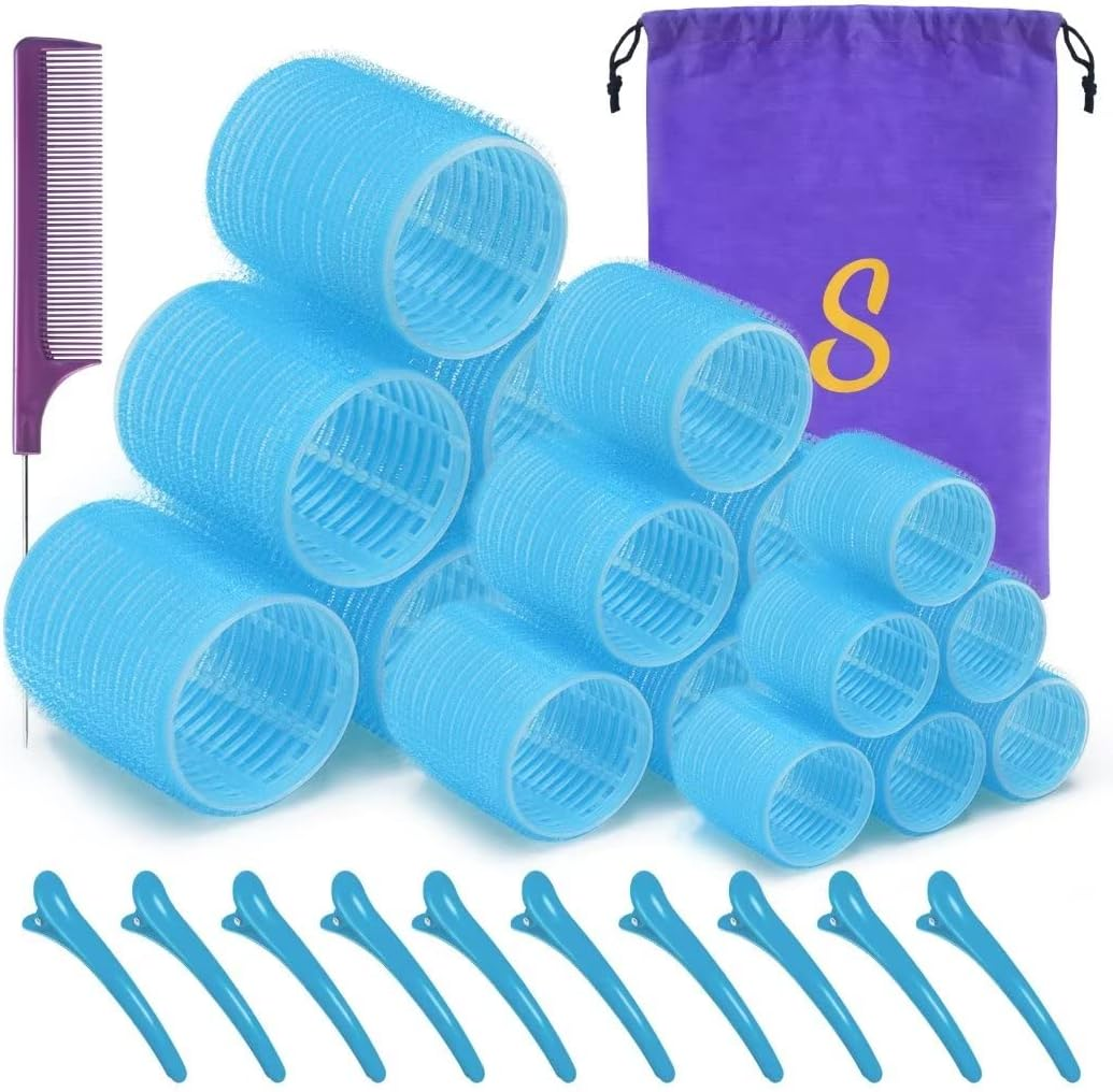 Sungenol Self Grip Hair Roller Set, 18 Pcs, 3 Sizes (Jumbo, Large, Medium) Rose Pink Hair Rollers with Clips and Comb - Red,Rose image number 6