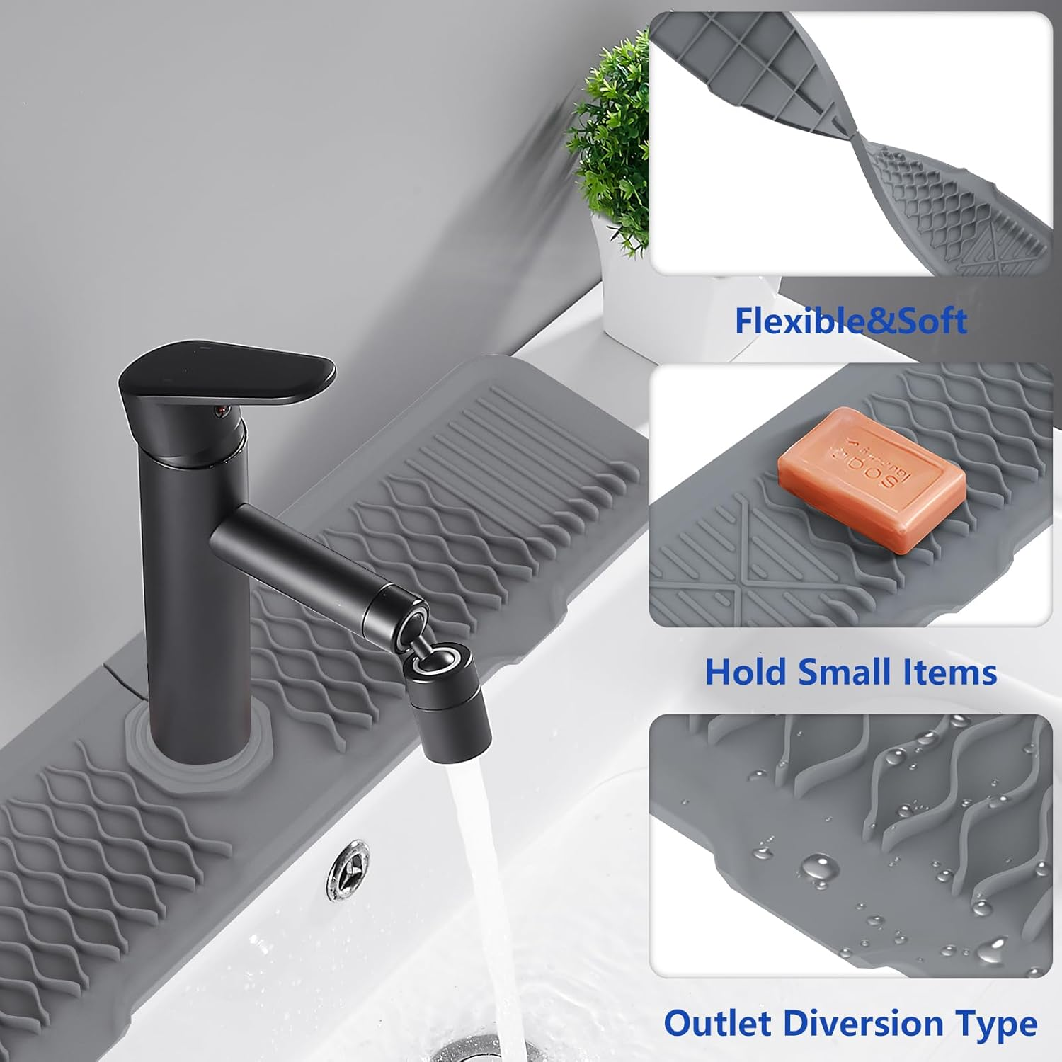 61CM Long Sink Splash Guard Mat, Faucet Handle Drip Catcher Tray, Countertop Dish Drying Mats Kitchen Sink Gray image number 3