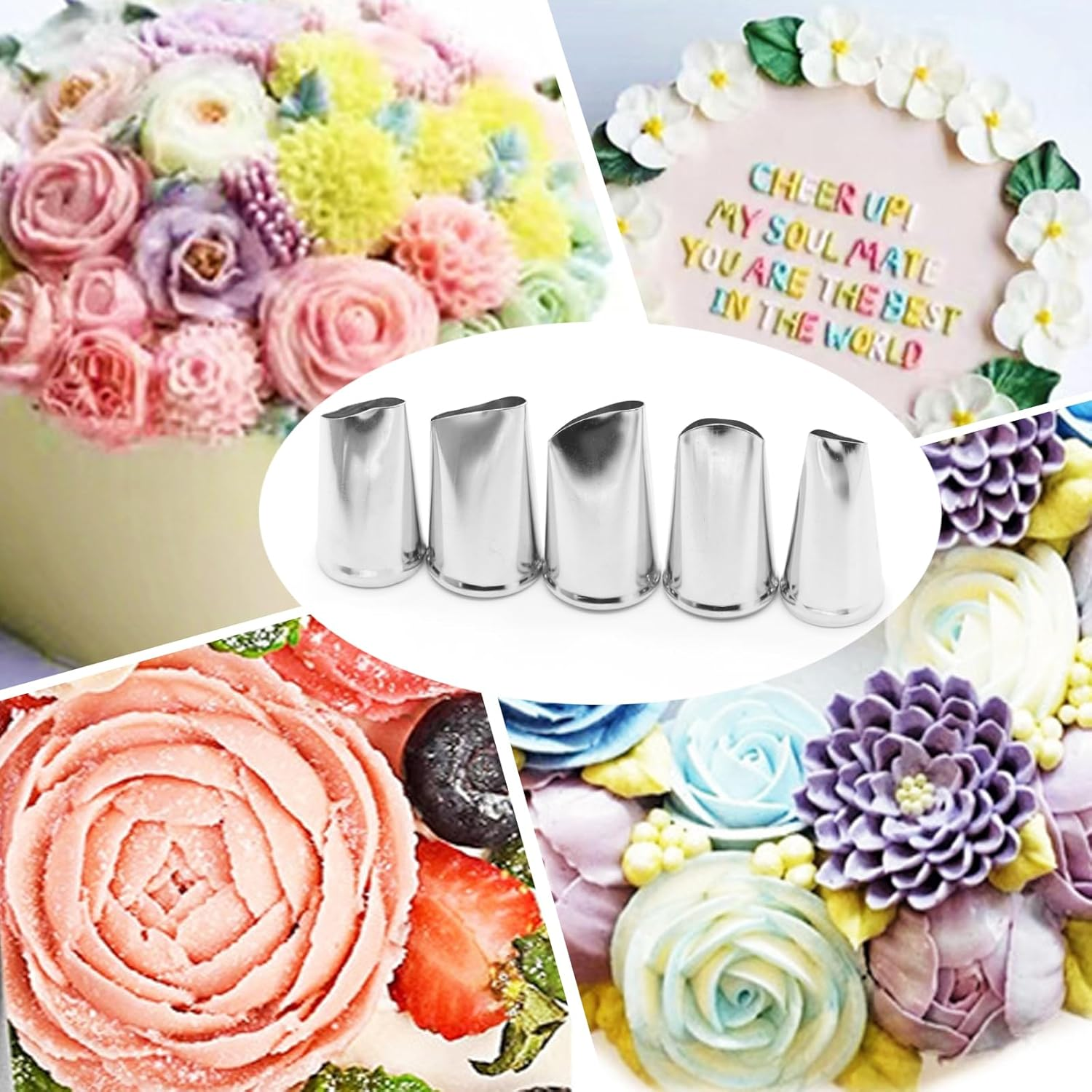 Wishesmar 5 Piece Petal Piping Nozzles Set for Cake Decoration - Quality Stainless Steel Nozzles - Ideal Nozzles for Cupcakes, Cakes, Cookies, Biscuits, Pastries image number 5