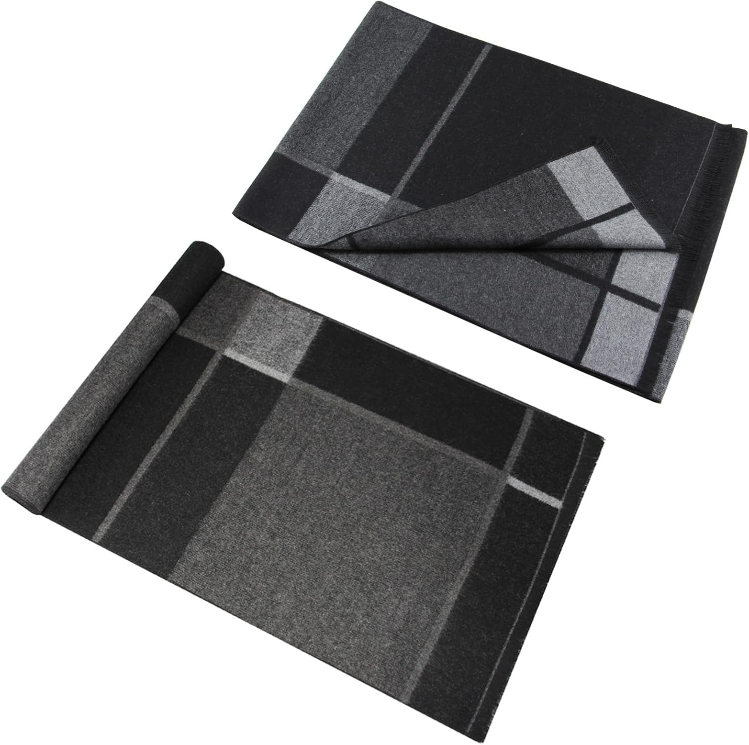 2 Packs Cashmere Feel Winter Scarf for Men, Soft Warm Black Grey Plaid Stripe Mens Scarf Set Selection Husband Father Gift image number 5