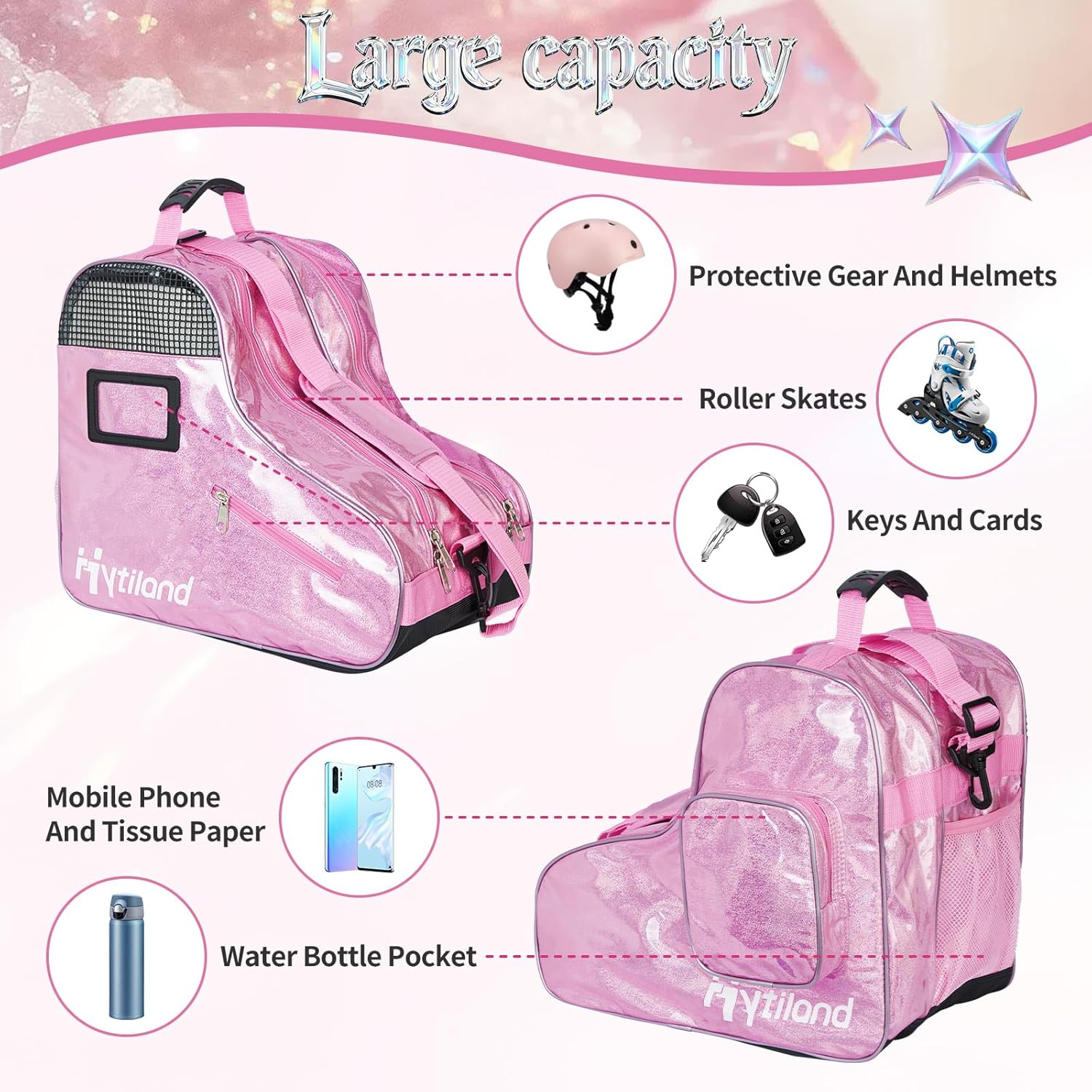 Roller Skate Bag Inline Skates Bag Stylish Plain Holographic Fashion Model Spacious Big Capacity Ice Skate Bag Breathable Mesh Waterproof & Durable Figure Skating Bag for Women and Youth - Silver image number 5