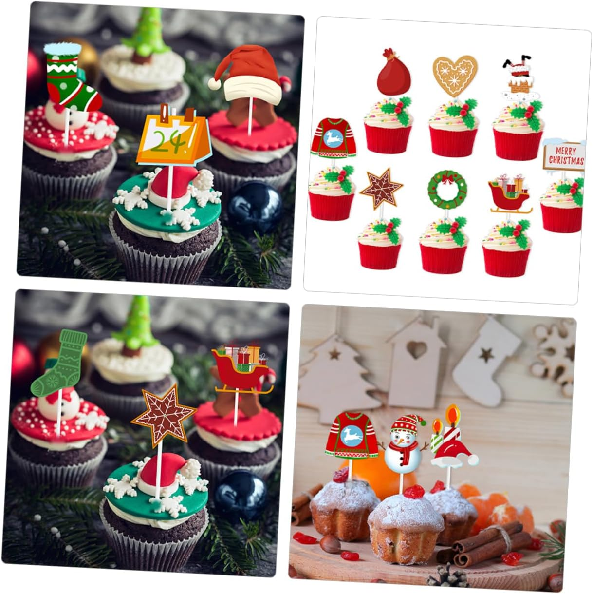 Merry Christmas Themed Cake Decorations Set 2 Pack 24Pcs Cupcake Topper Snowman Reindeer Cupcake Picks Cake Ornaments image number 2