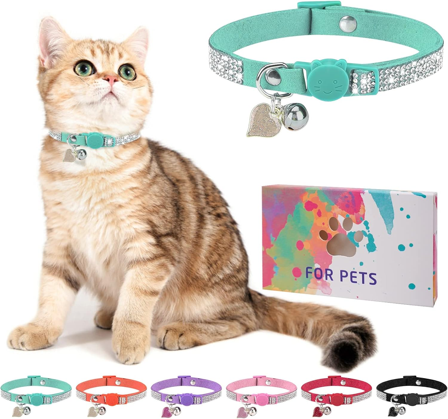 DILLYBUD Rhinestone Cat Collar Breakaway with Bell, Diamond Cat Collar with Safety Buckle Quick Release for Girl Boy Small Kitten Pets Puppy,Cute Soft Female Male Cat Collars, Color Green 8-12" image number 4